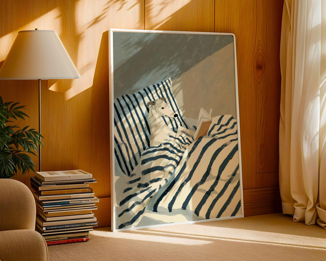 Greyhound Reading Wall Art Print – Funny Dog in Bed Book Lover Decor