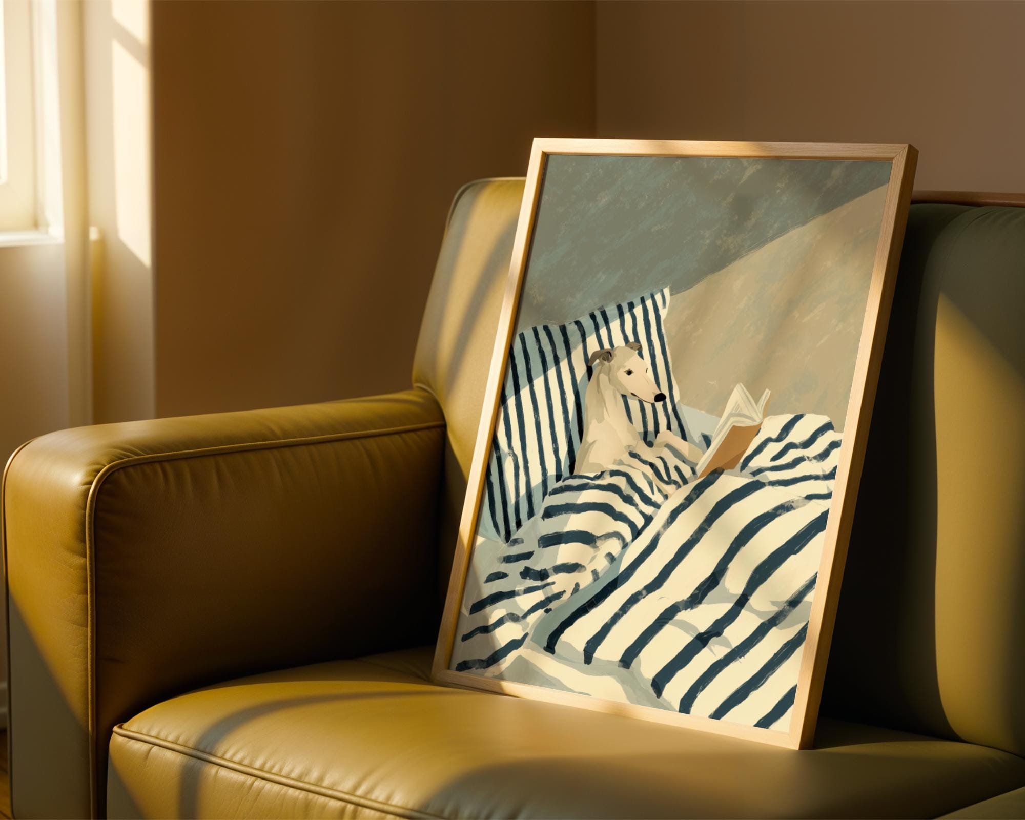 Greyhound Reading Wall Art Print – Funny Dog in Bed Book Lover Decor