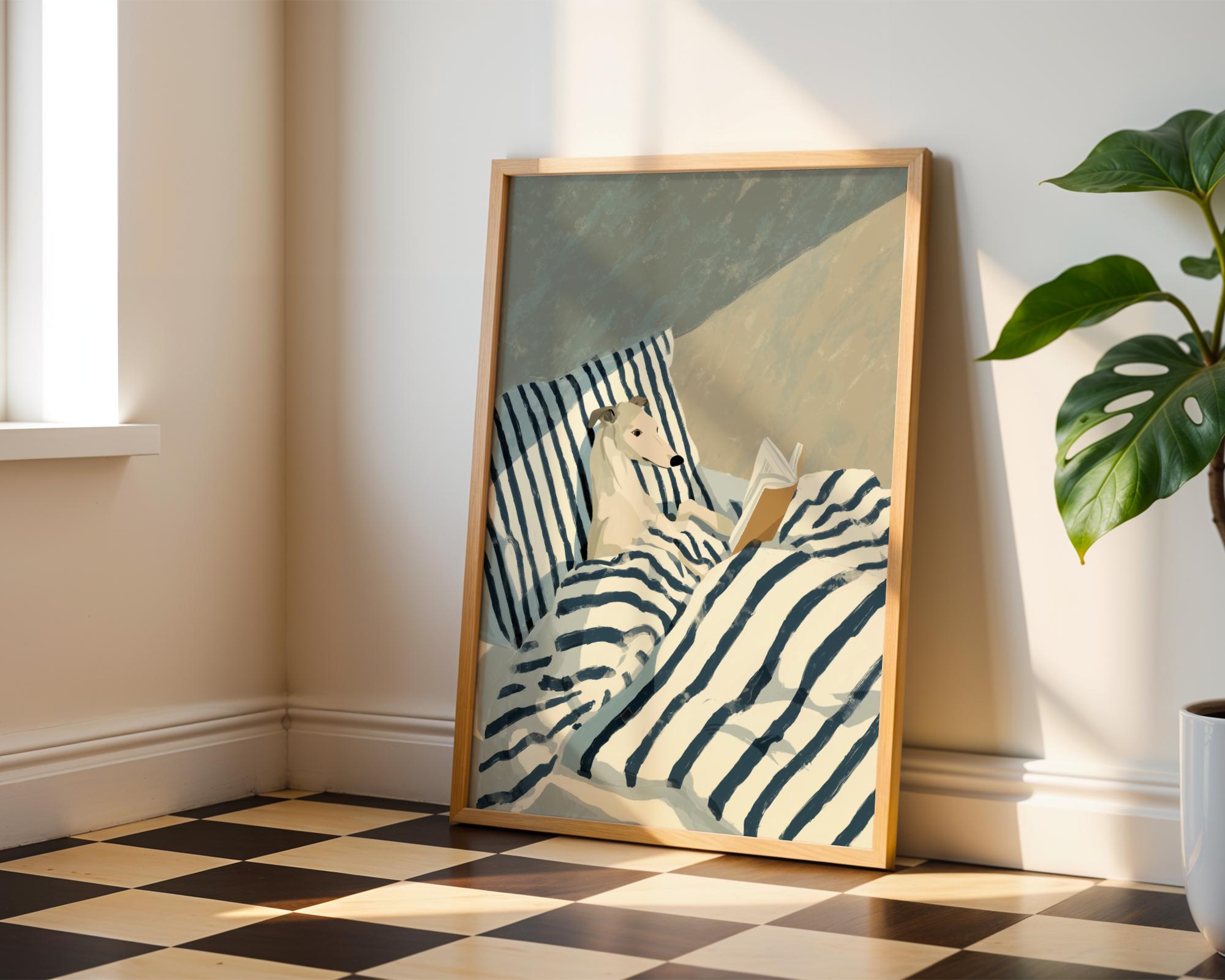 Greyhound Reading Wall Art Print – Funny Dog in Bed Book Lover Decor