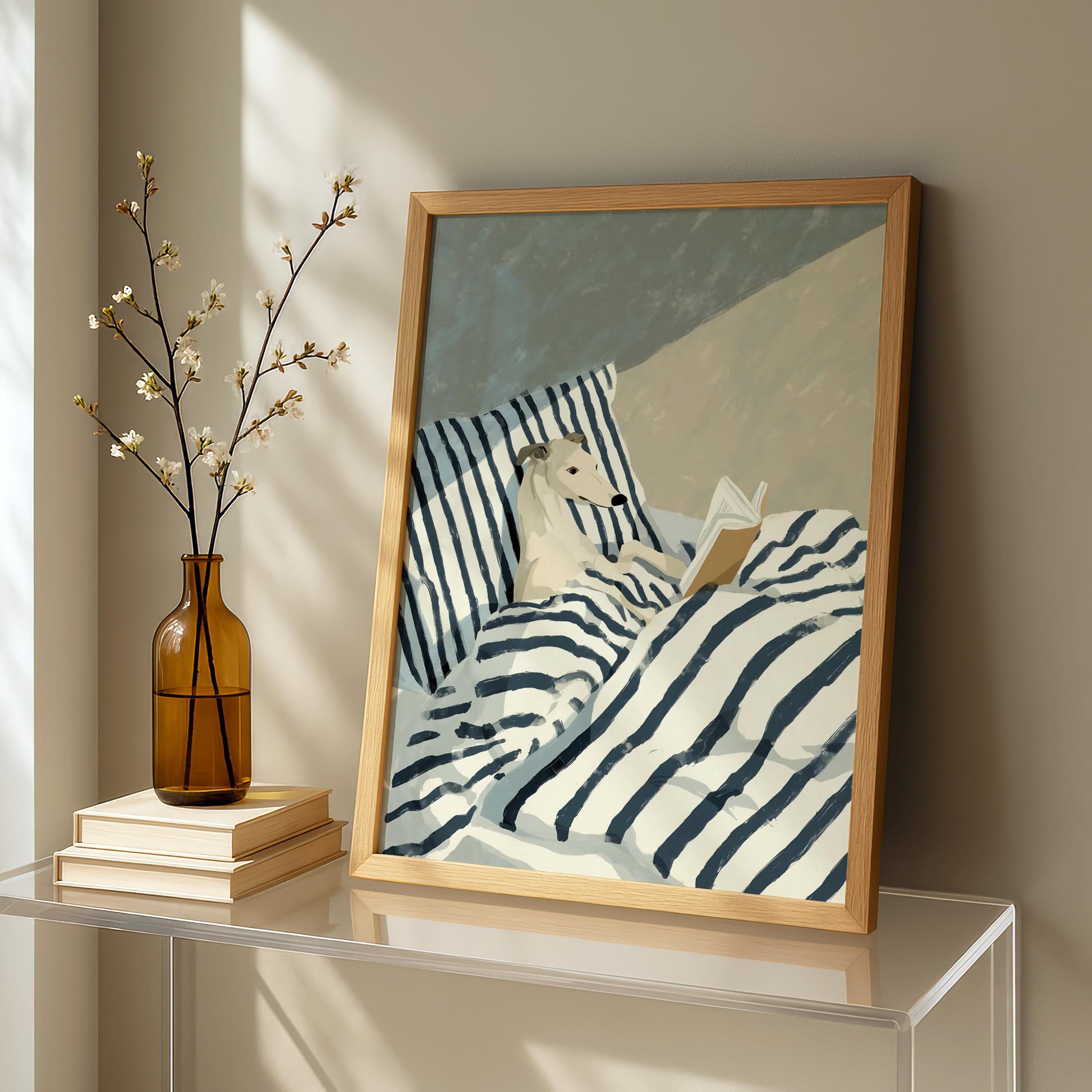 Greyhound Reading Wall Art Print – Funny Dog in Bed Book Lover Decor