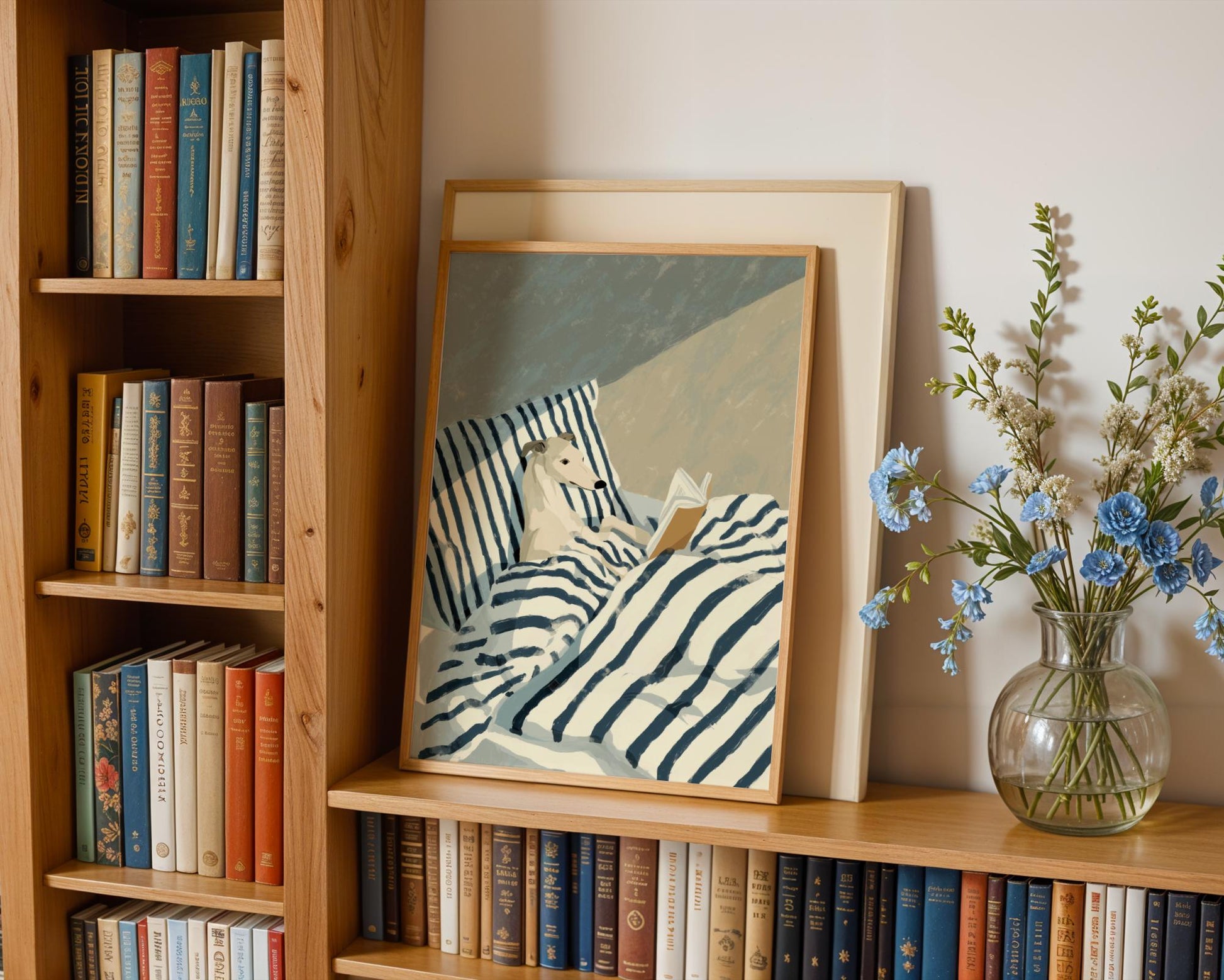 Greyhound Reading Wall Art Print – Funny Dog in Bed Book Lover Decor