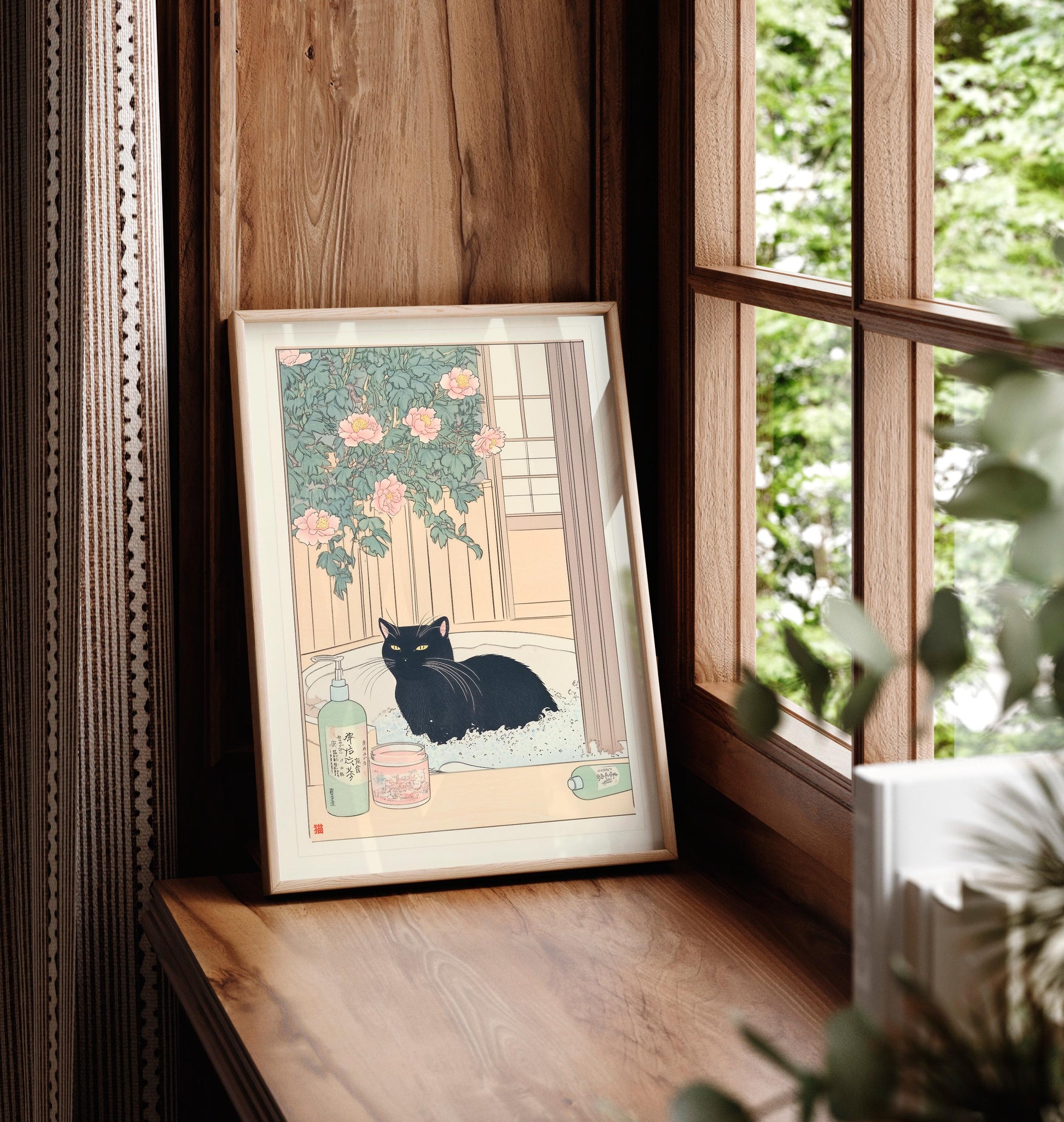 Japanese Black Cat Bathtub Wall Art Print – Ukiyo-e Style Bathroom Decor
