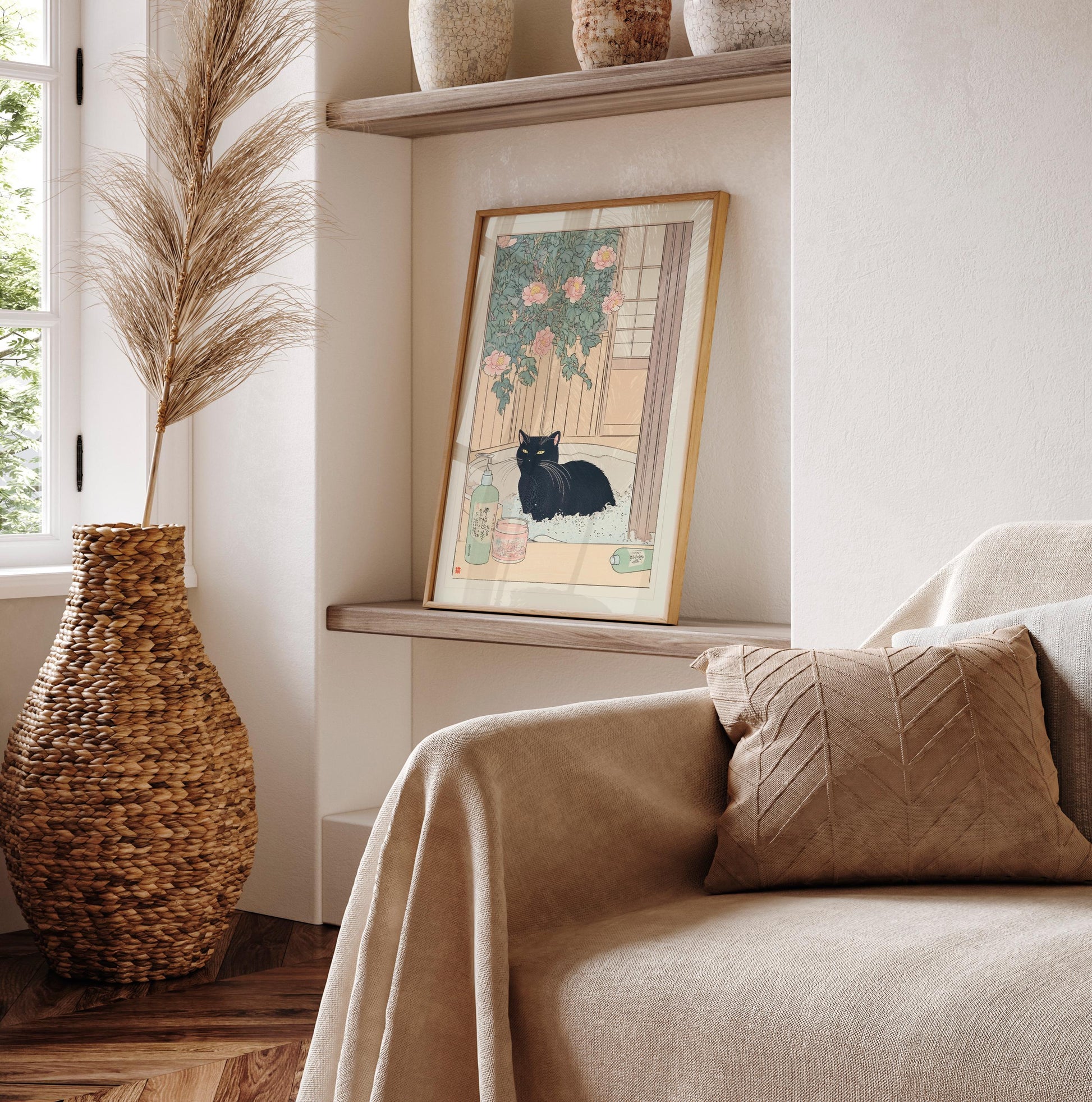 Japanese Black Cat Bathtub Wall Art Print – Ukiyo-e Style Bathroom Decor