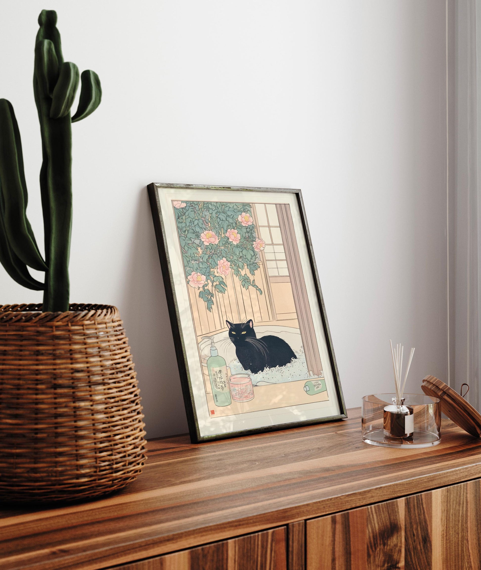 Japanese Black Cat Bathtub Wall Art Print – Ukiyo-e Style Bathroom Decor