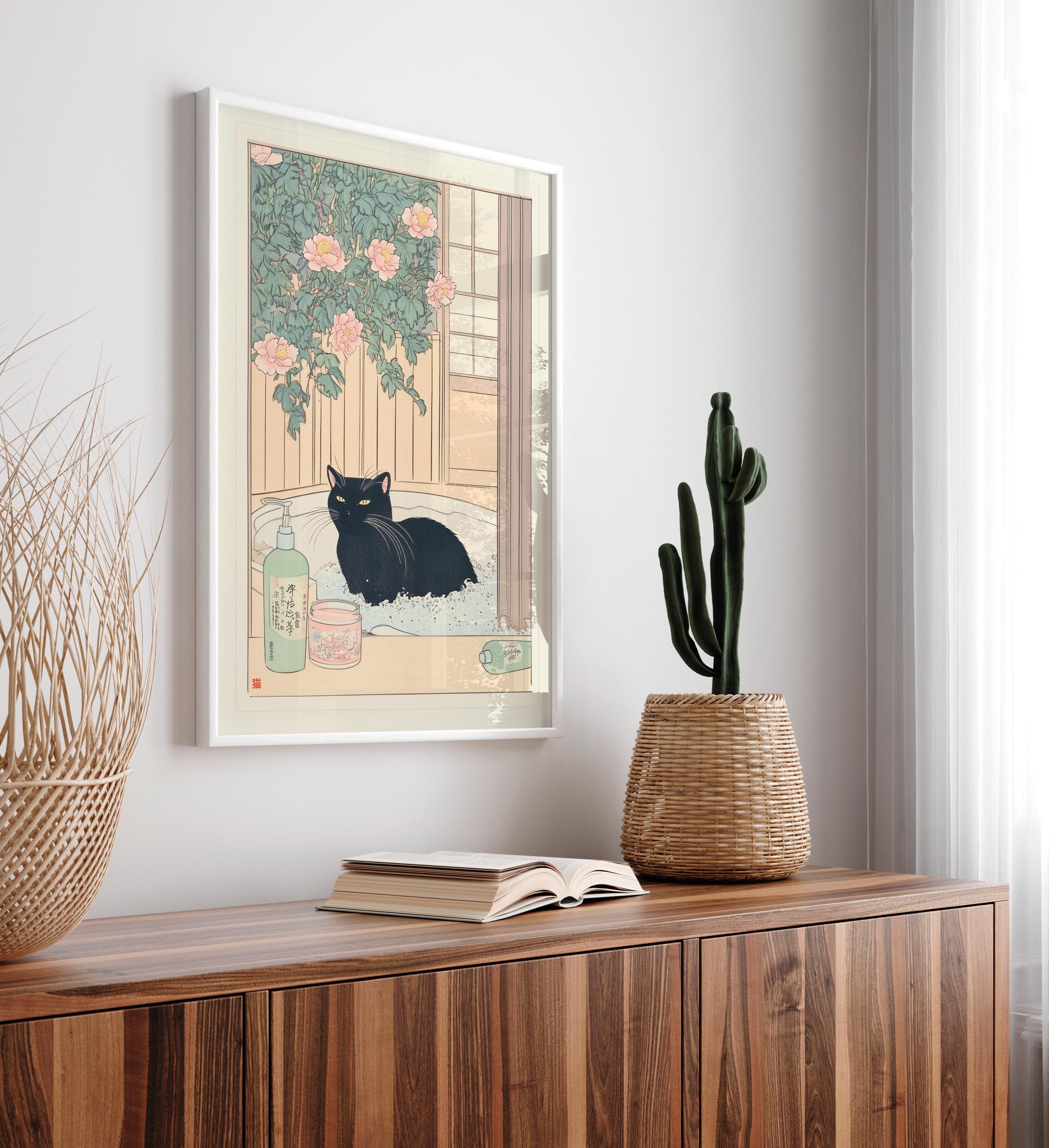 Japanese Black Cat Bathtub Wall Art Print – Ukiyo-e Style Bathroom Decor