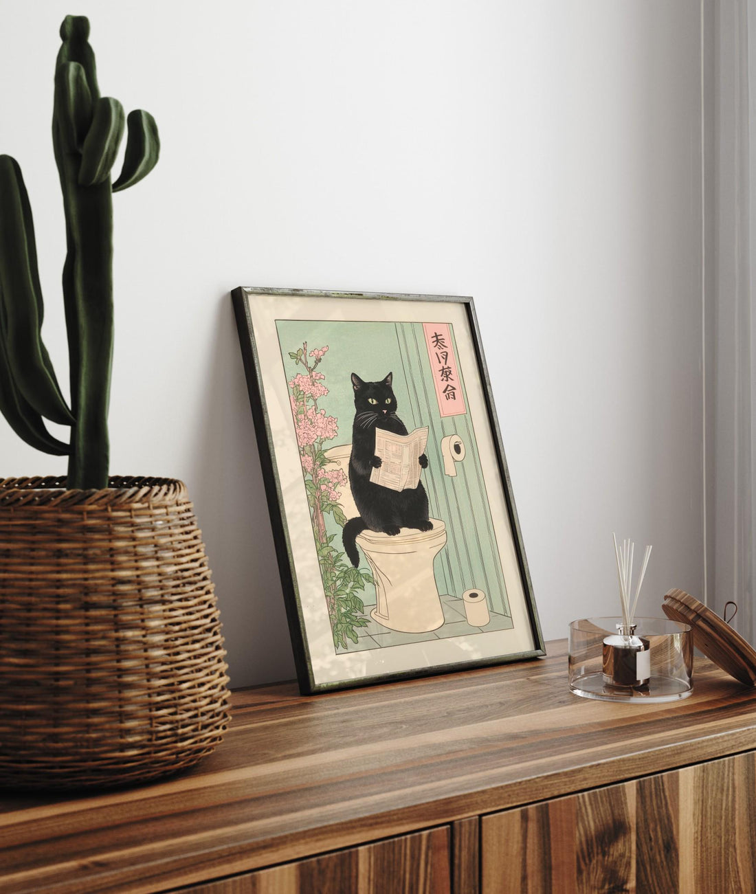 Japanese Black Cat Toilet Wall Art Print – Funny Bathroom Decor Poster