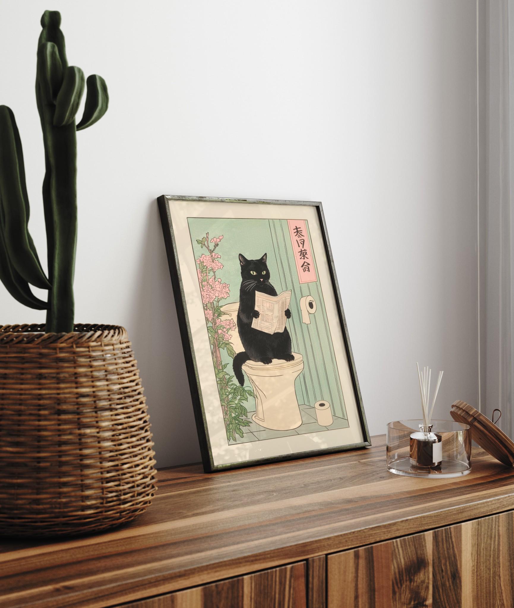 Japanese Black Cat Toilet Wall Art Print – Funny Bathroom Decor Poster