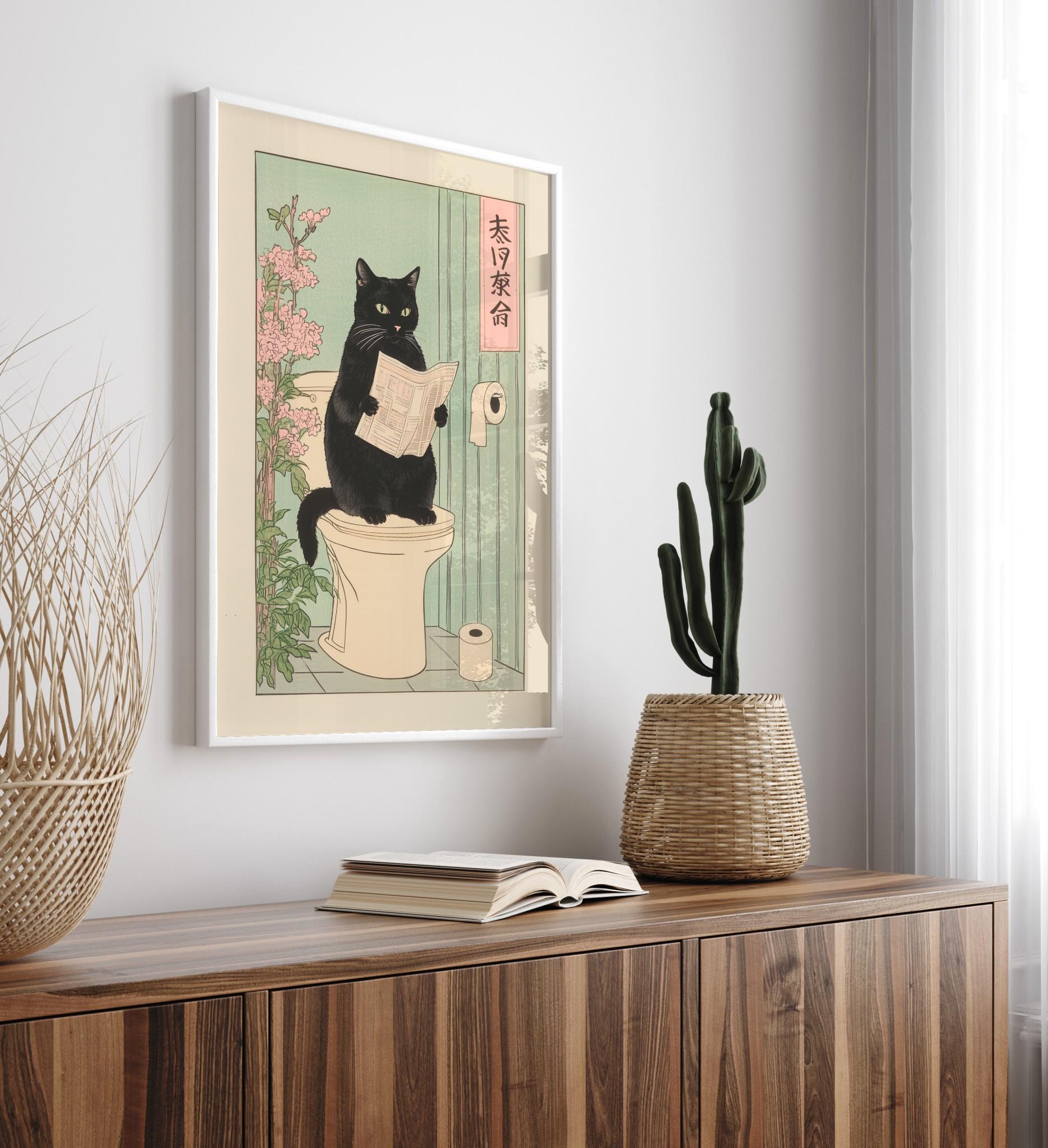 Japanese Black Cat Toilet Wall Art Print – Funny Bathroom Decor Poster