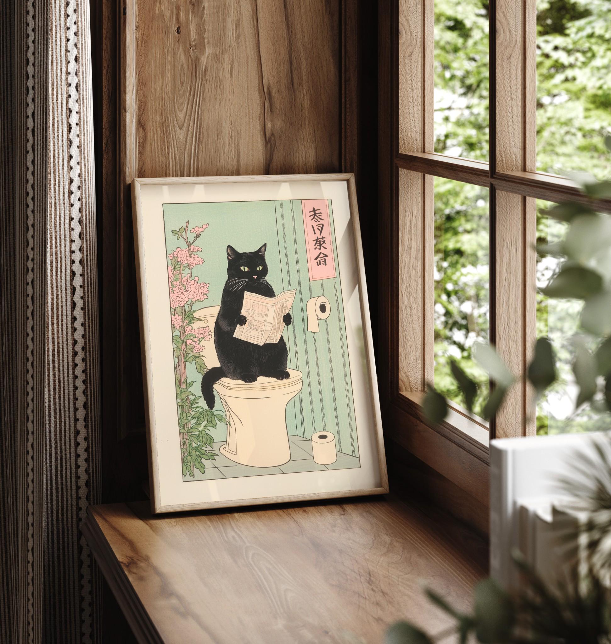 Japanese Black Cat Toilet Wall Art Print – Funny Bathroom Decor Poster