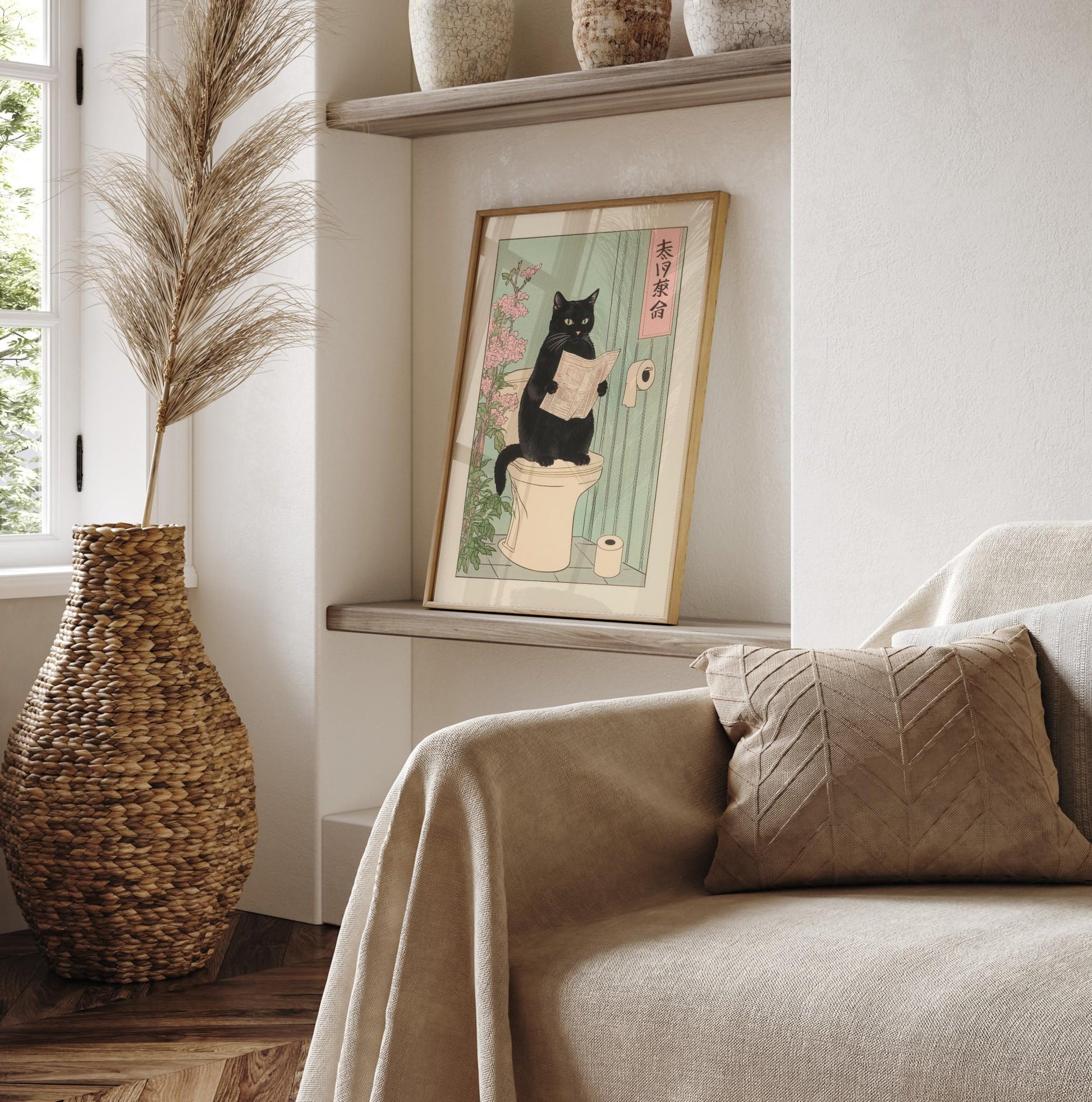 Japanese Black Cat Toilet Wall Art Print – Funny Bathroom Decor Poster
