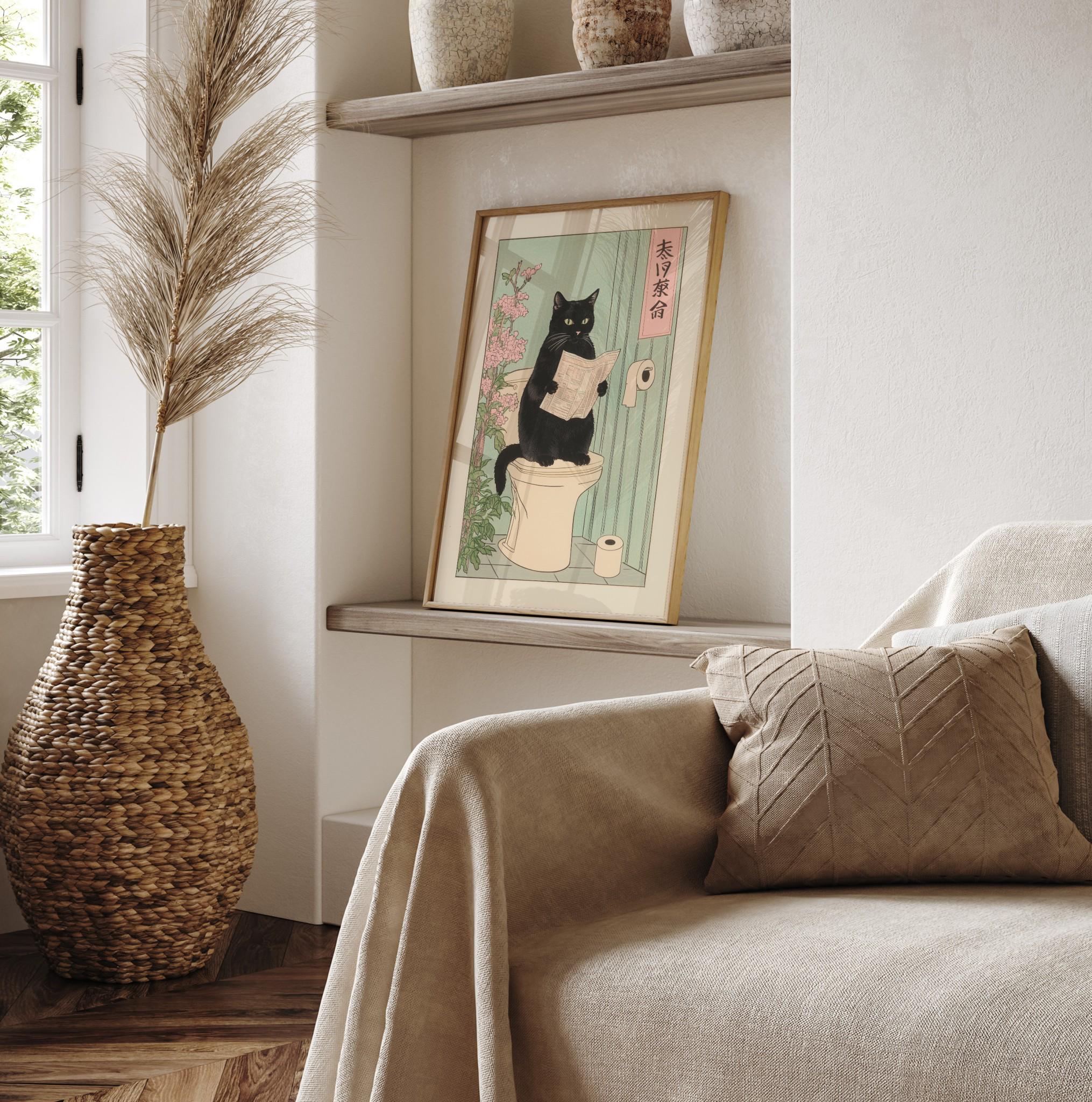 Japanese Black Cat Toilet Wall Art Print – Funny Bathroom Decor Poster