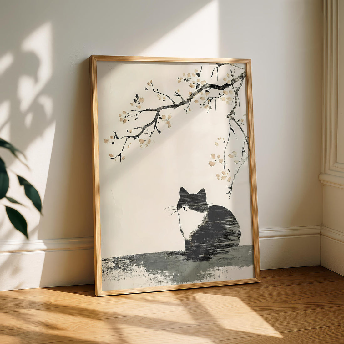 Japanese Cat Print – Minimalist Japandi Ink Style Wall Art Decor