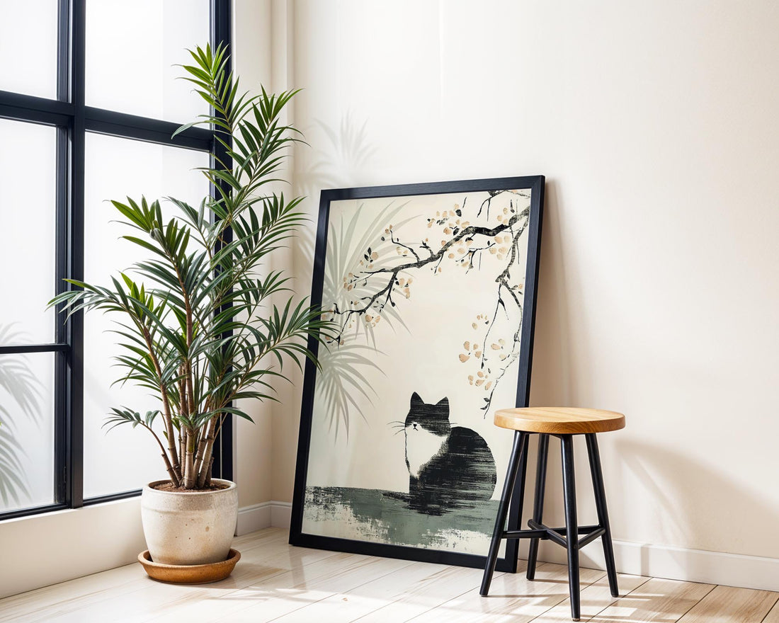 Japanese Cat Print – Minimalist Japandi Ink Style Wall Art Decor