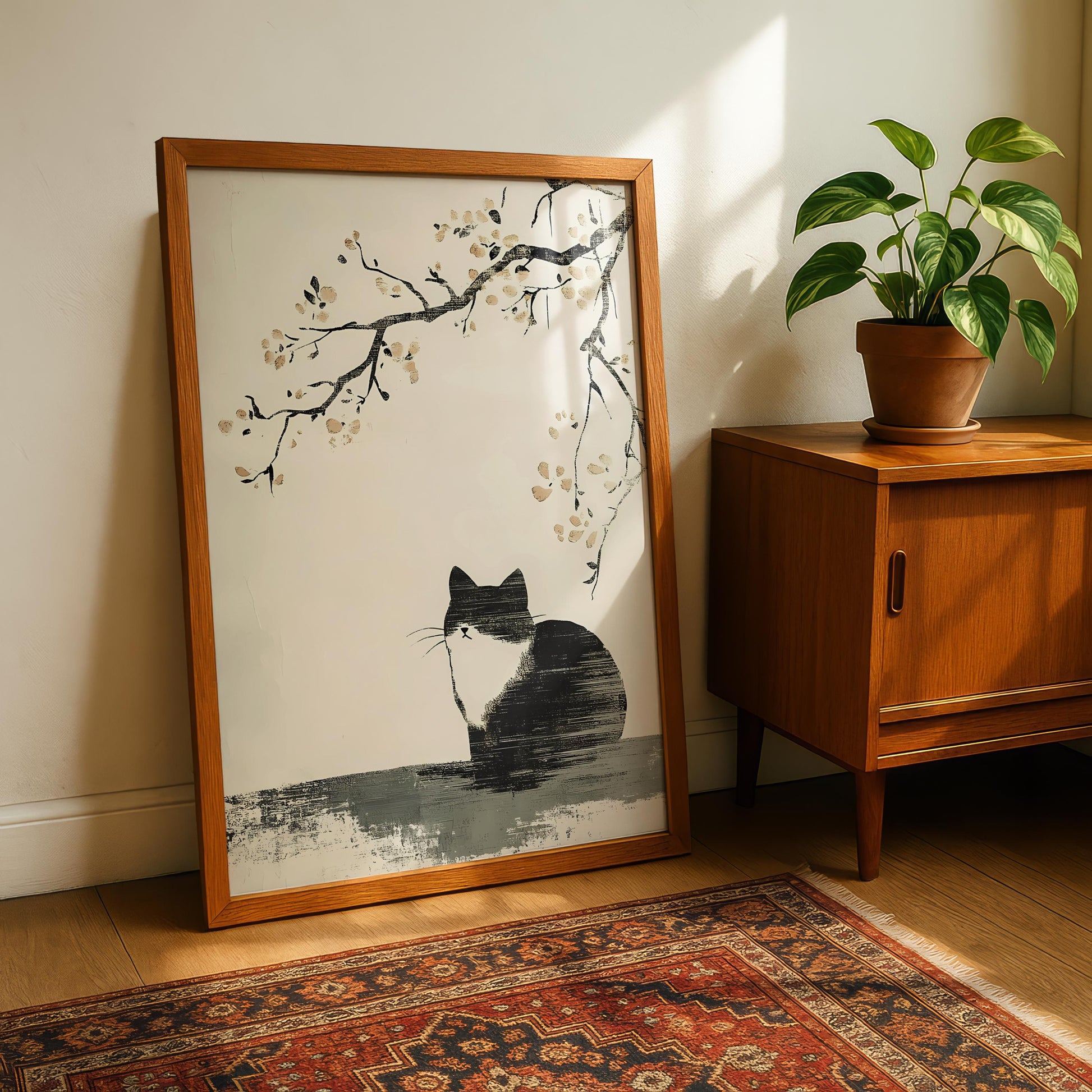 Japanese Cat Print – Minimalist Japandi Ink Style Wall Art Decor