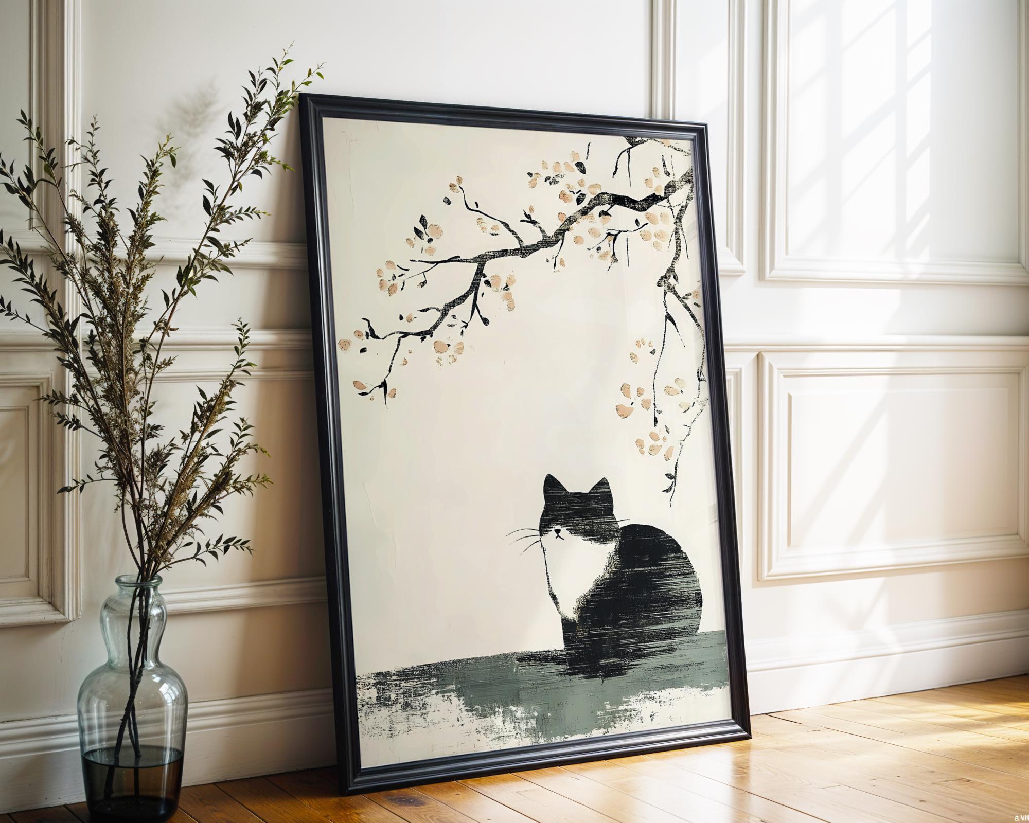 Japanese Cat Print – Minimalist Japandi Ink Style Wall Art Decor