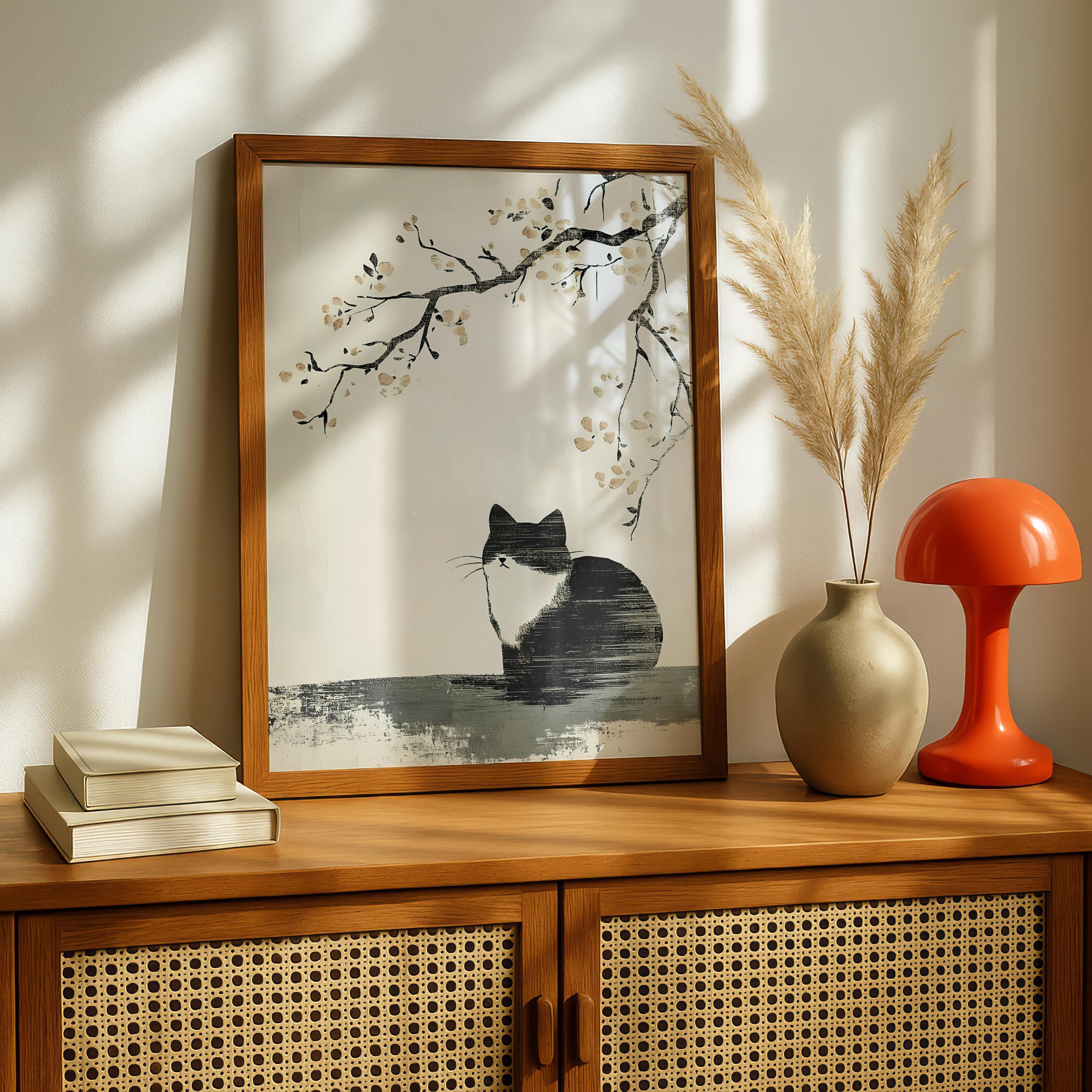 Japanese Cat Print – Minimalist Japandi Ink Style Wall Art Decor