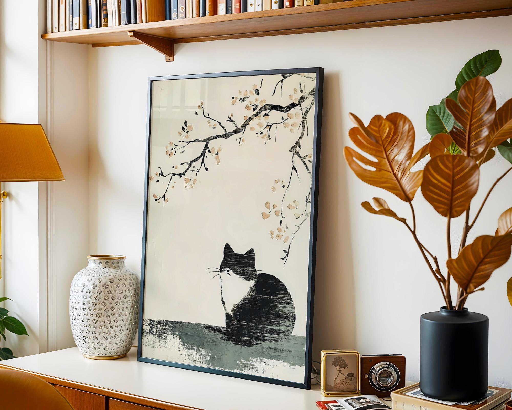 Japanese Cat Print – Minimalist Japandi Ink Style Wall Art Decor