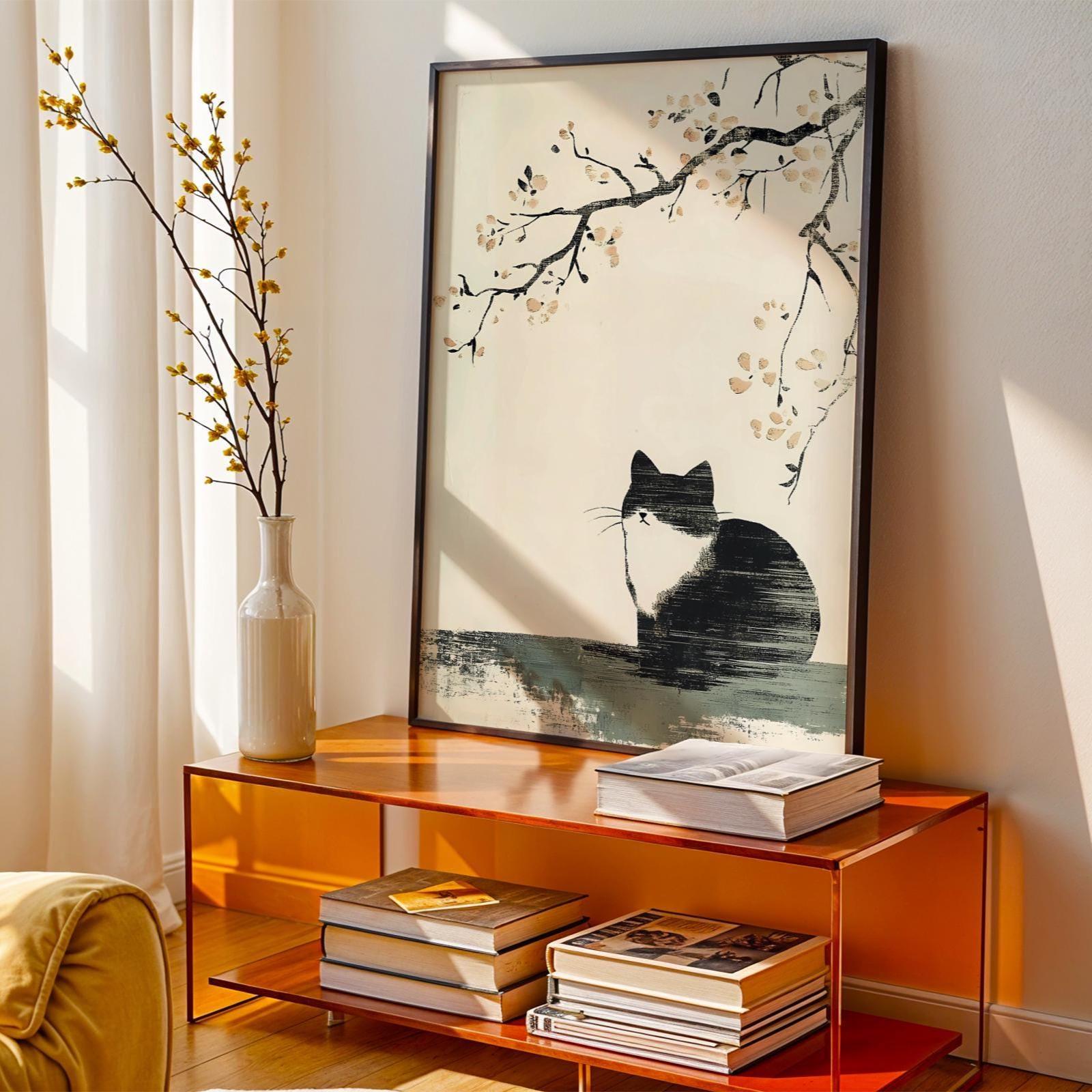 Japanese Cat Print – Minimalist Japandi Ink Style Wall Art Decor