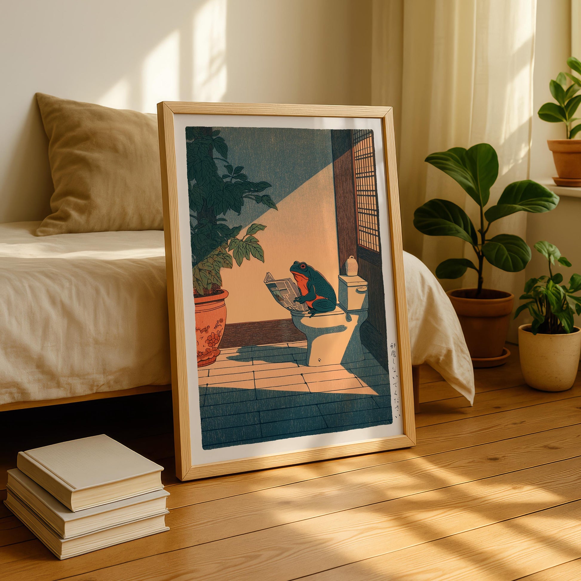 Japanese Frog Bathroom Wall Art Print – Hasui Kawase Style Funny Decor