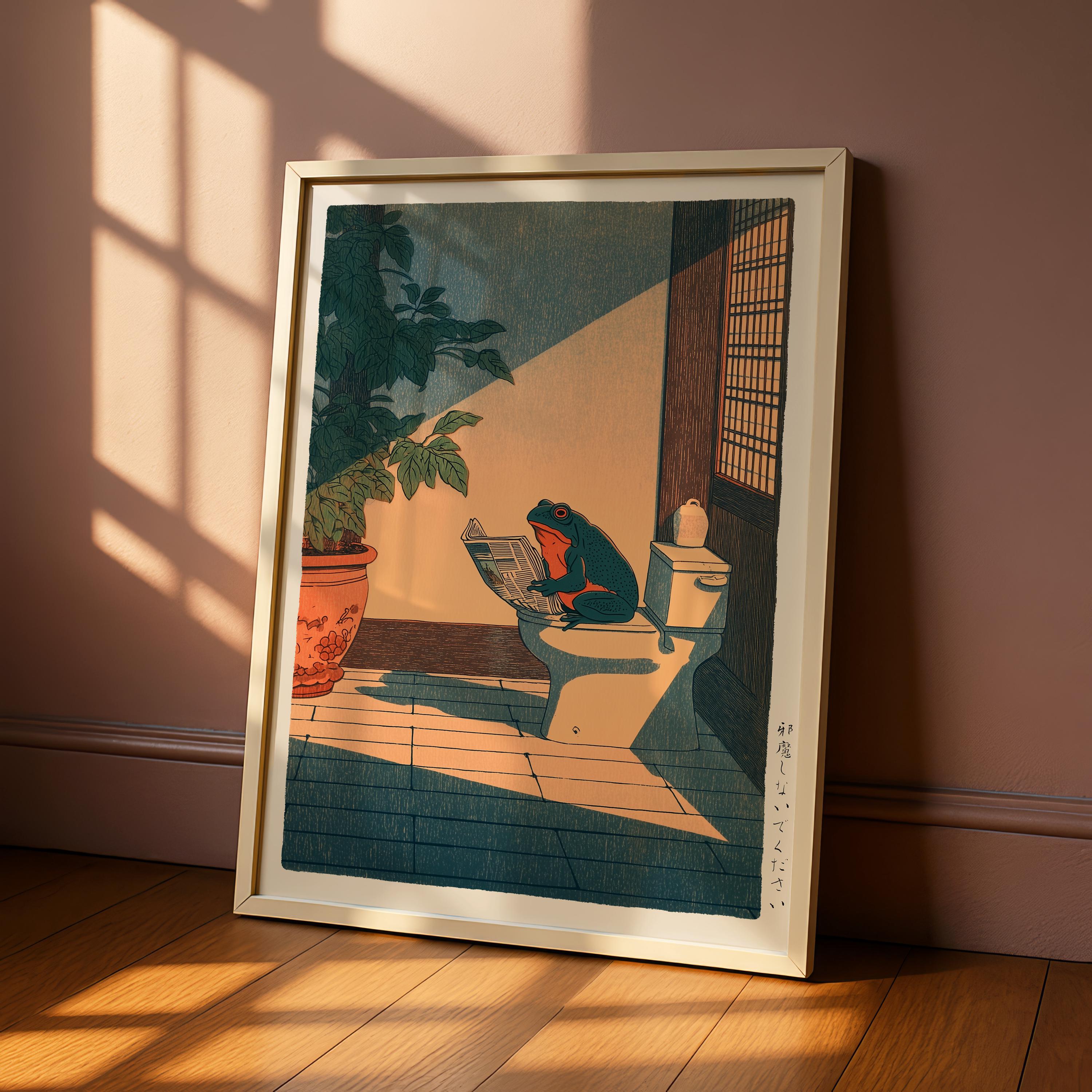 Japanese Frog Bathroom Wall Art Print – Hasui Kawase Style Funny Decor
