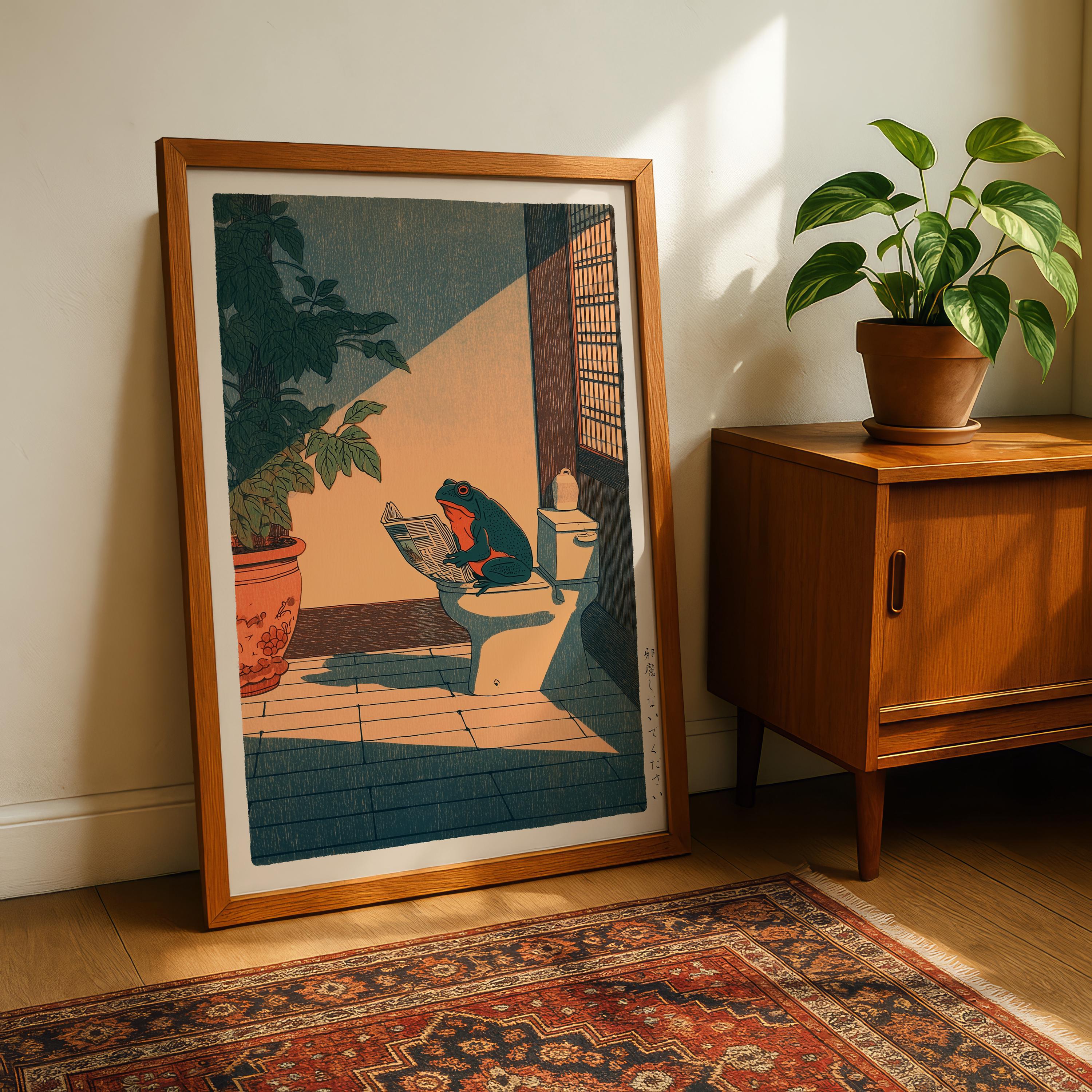 Japanese Frog Bathroom Wall Art Print – Hasui Kawase Style Funny Decor