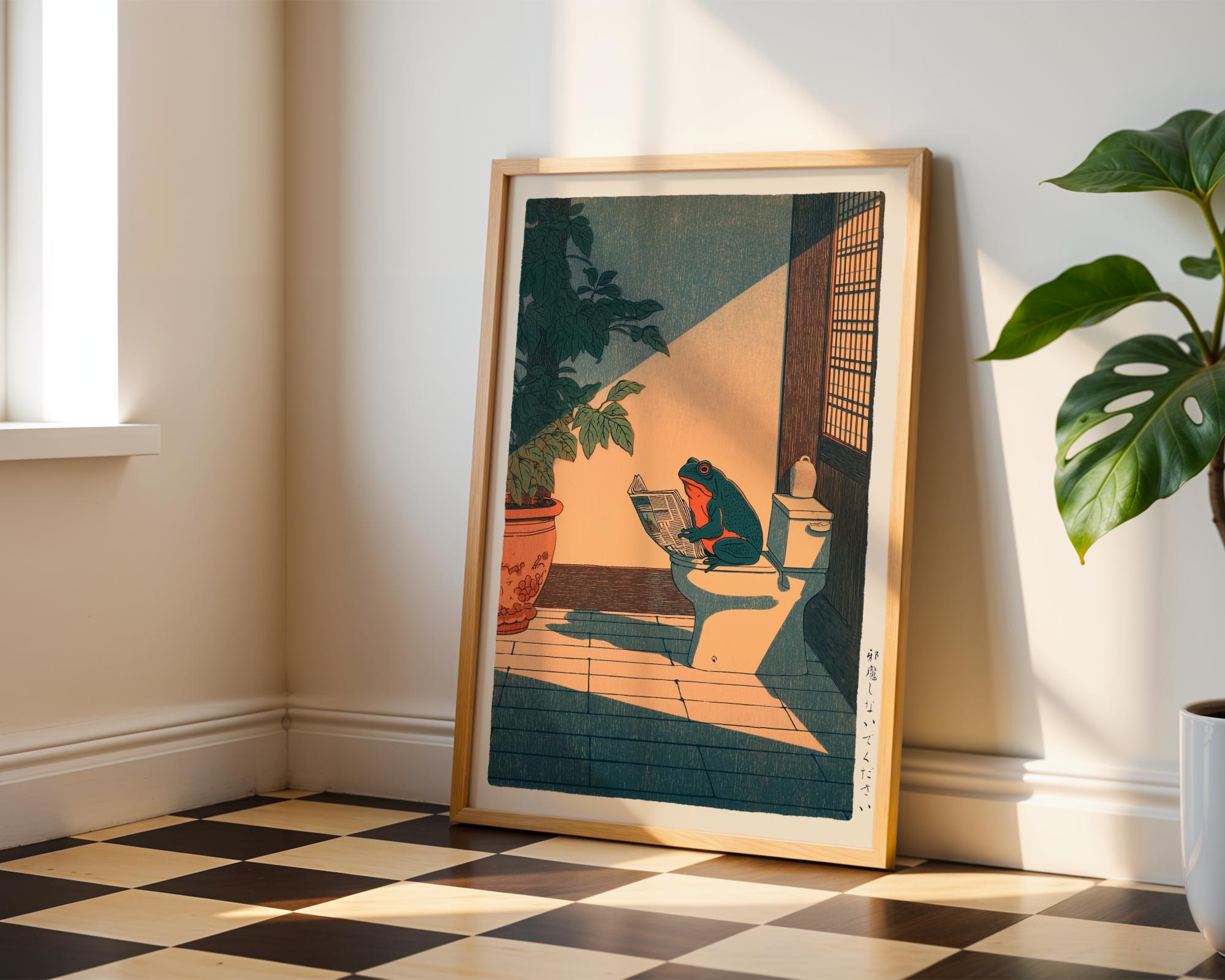 Japanese Frog Bathroom Wall Art Print – Hasui Kawase Style Funny Decor