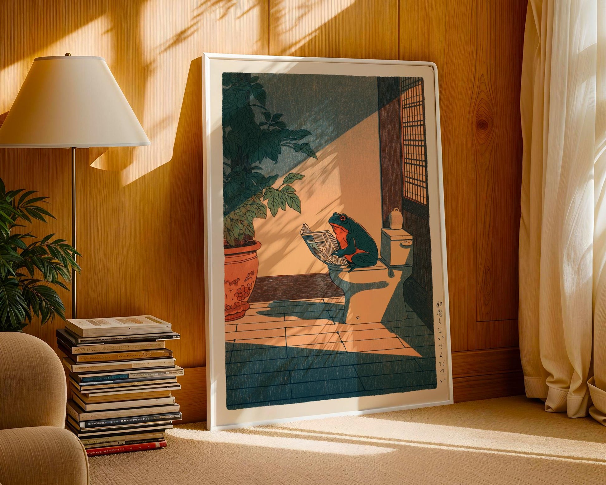 Japanese Frog Bathroom Wall Art Print – Hasui Kawase Style Funny Decor
