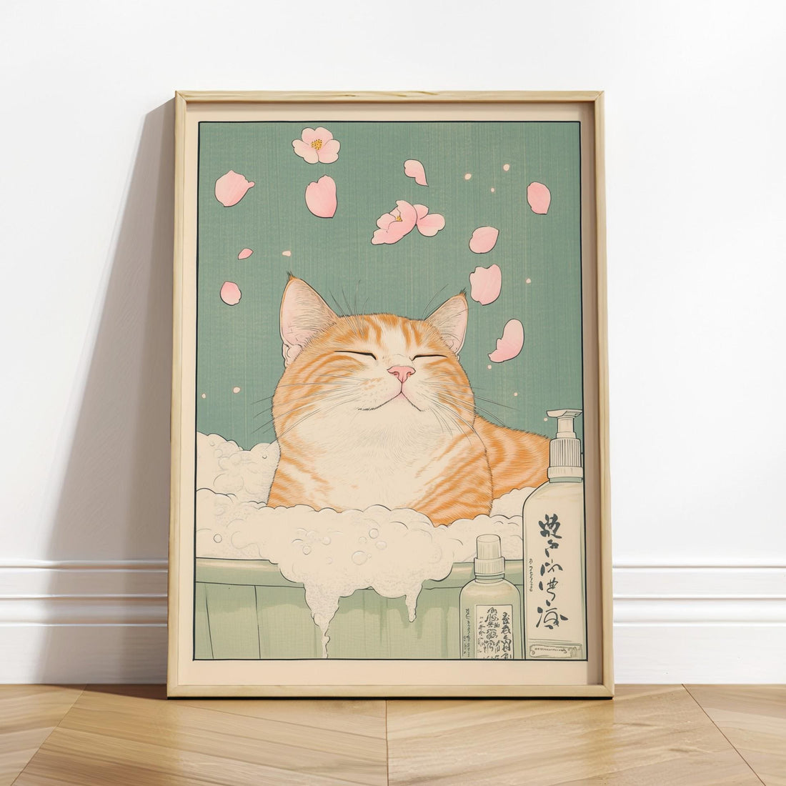 Japanese Ginger Tabby Cat Bathtub Wall Art Print – Ukiyo-e Style Decor