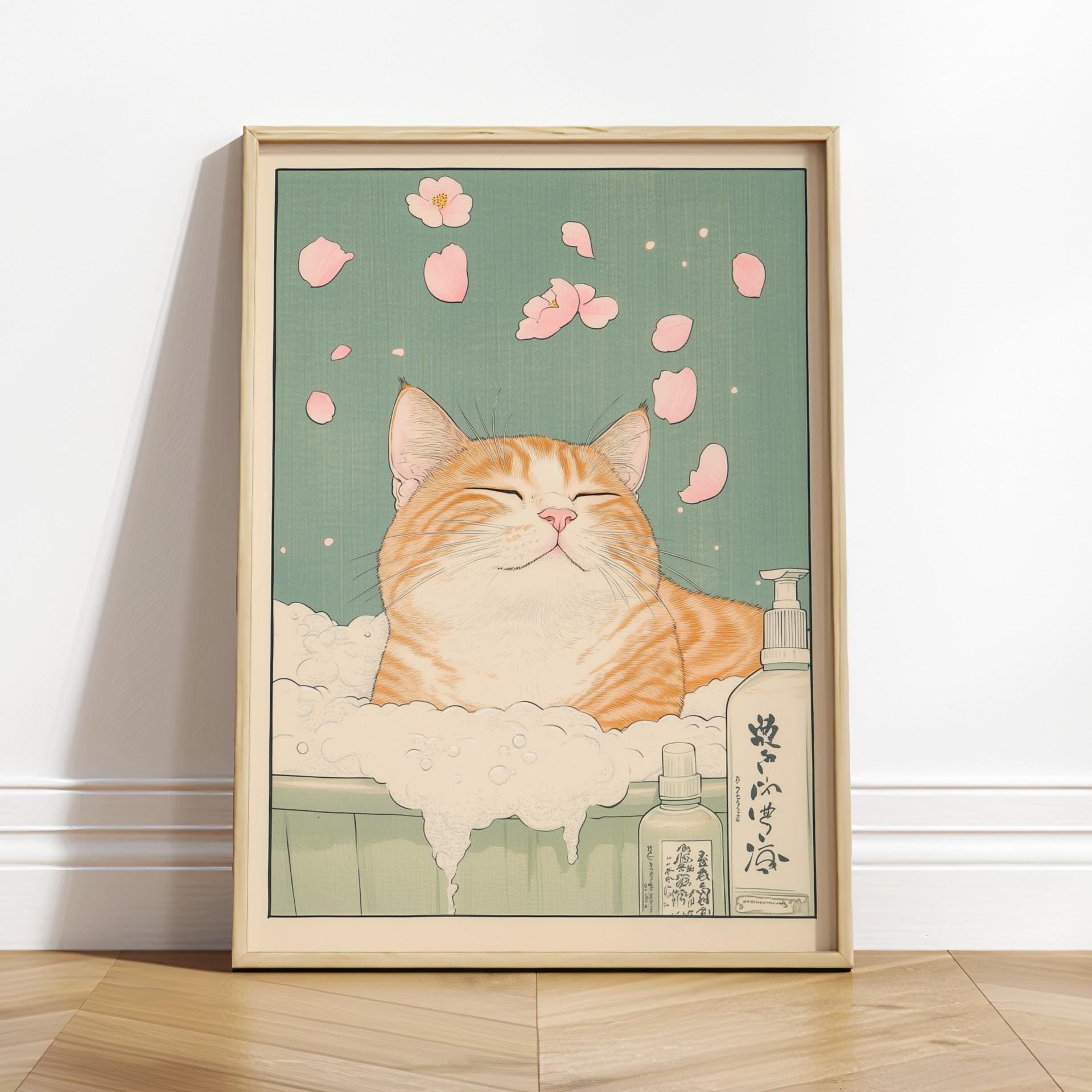Japanese Ginger Tabby Cat Bathtub Wall Art Print – Ukiyo-e Style Decor