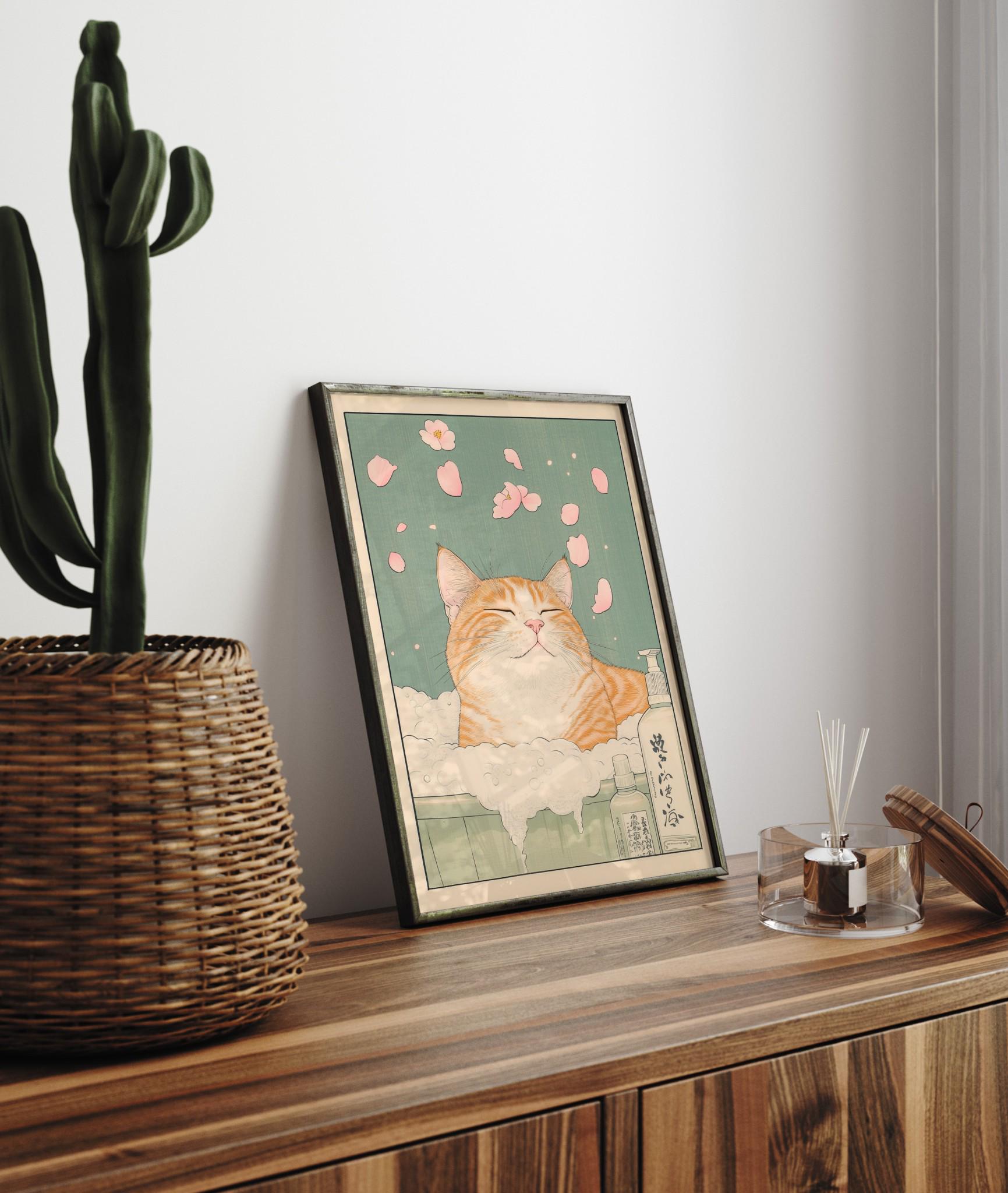 Japanese Ginger Tabby Cat Bathtub Wall Art Print – Ukiyo-e Style Decor