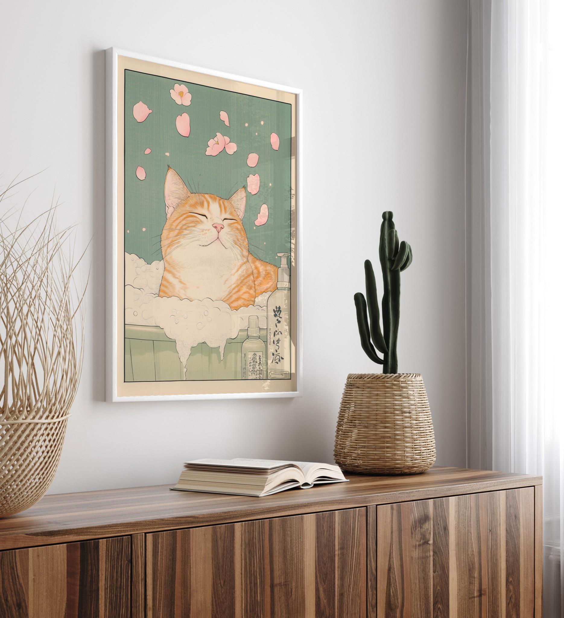 Japanese Ginger Tabby Cat Bathtub Wall Art Print – Ukiyo-e Style Decor