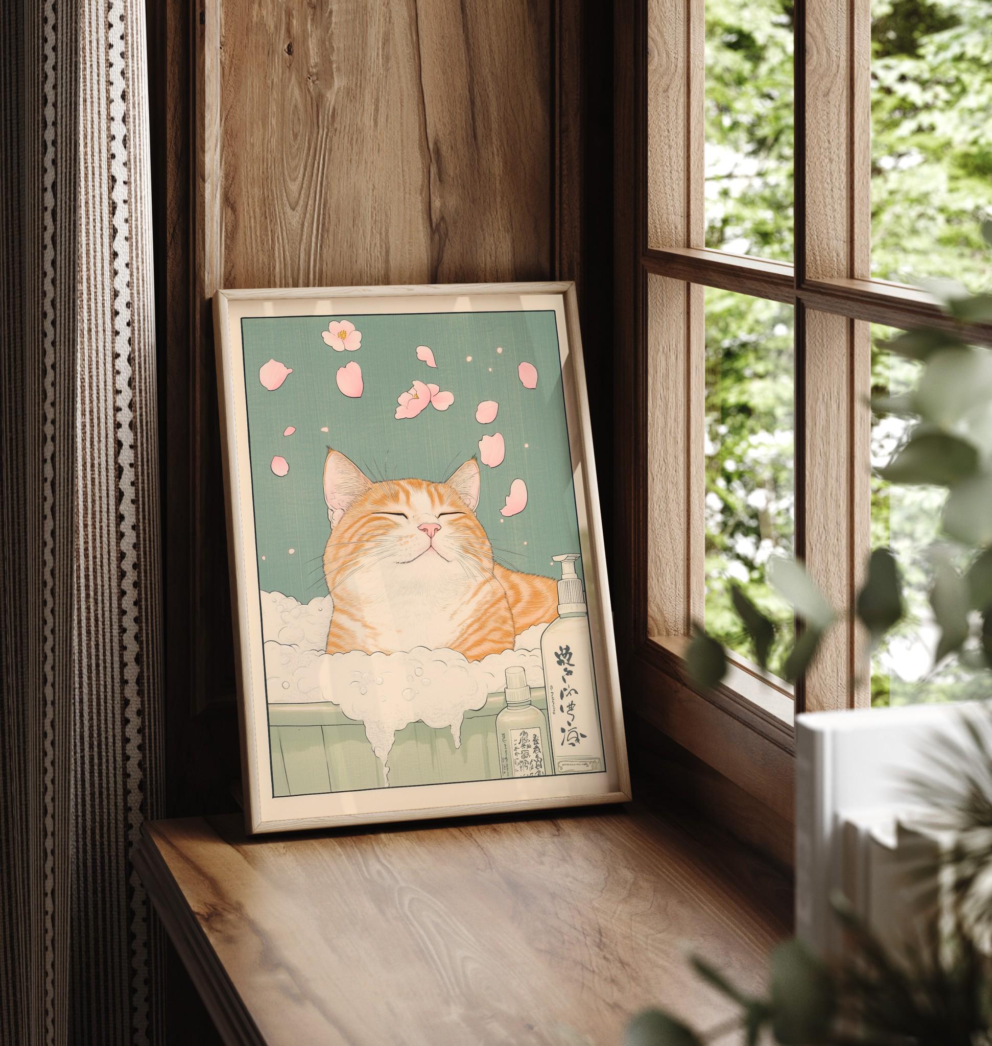 Japanese Ginger Tabby Cat Bathtub Wall Art Print – Ukiyo-e Style Decor