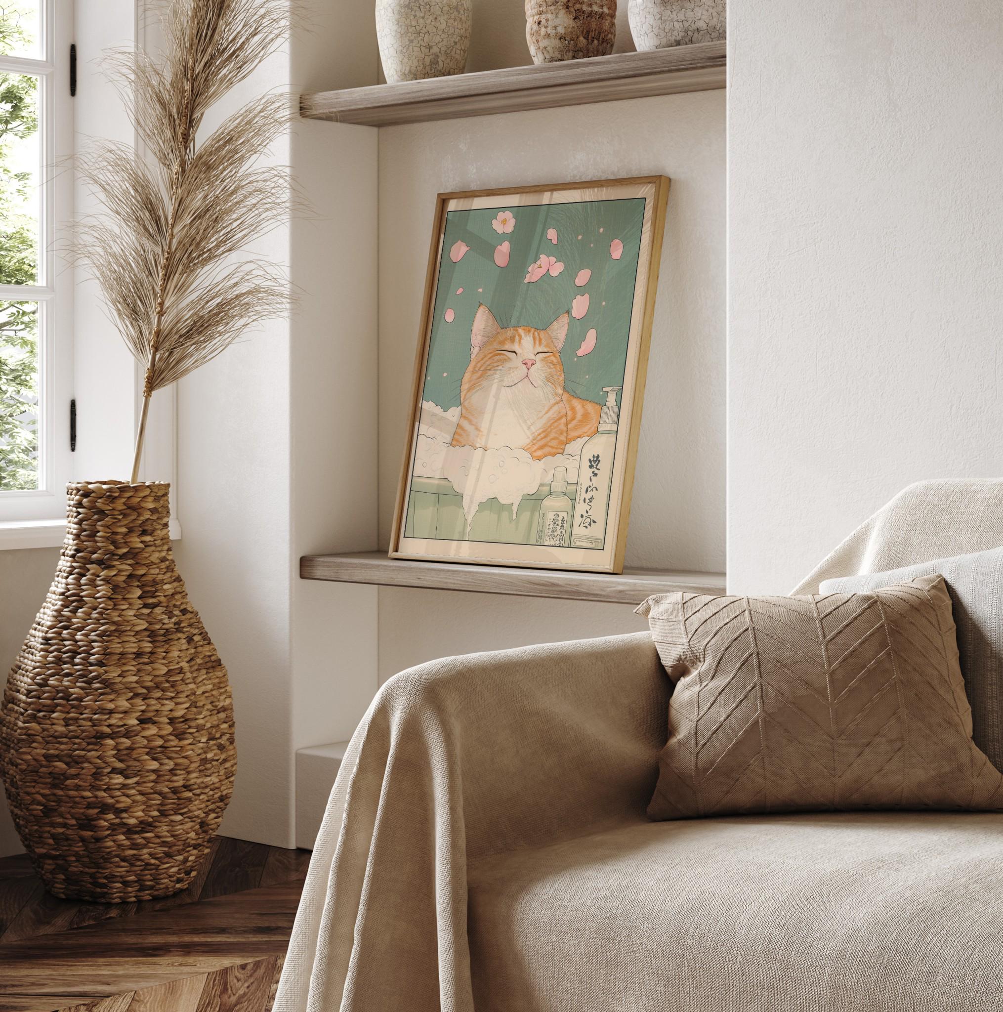 Japanese Ginger Tabby Cat Bathtub Wall Art Print – Ukiyo-e Style Decor