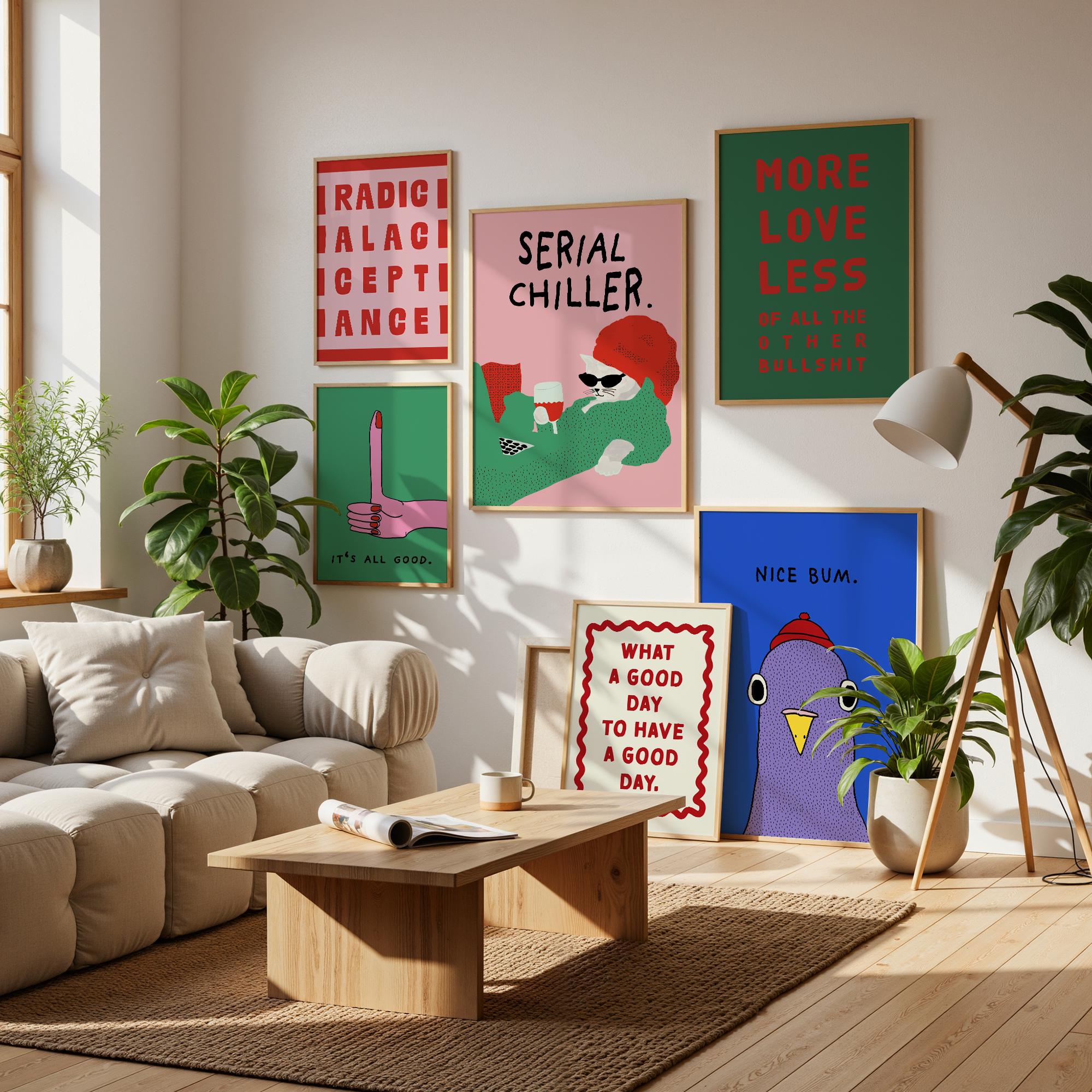 Lazy Cat Wall Art Print – Colorful Retro Illustration Homebody Decor