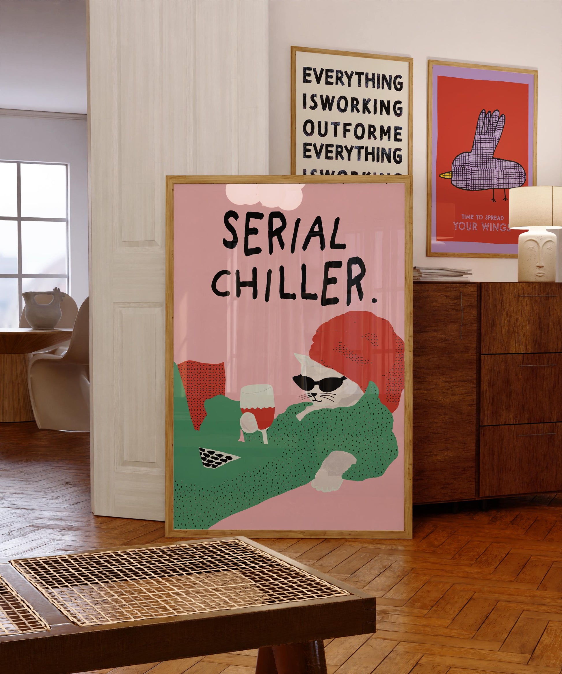 Lazy Cat Wall Art Print – Colorful Retro Illustration Homebody Decor