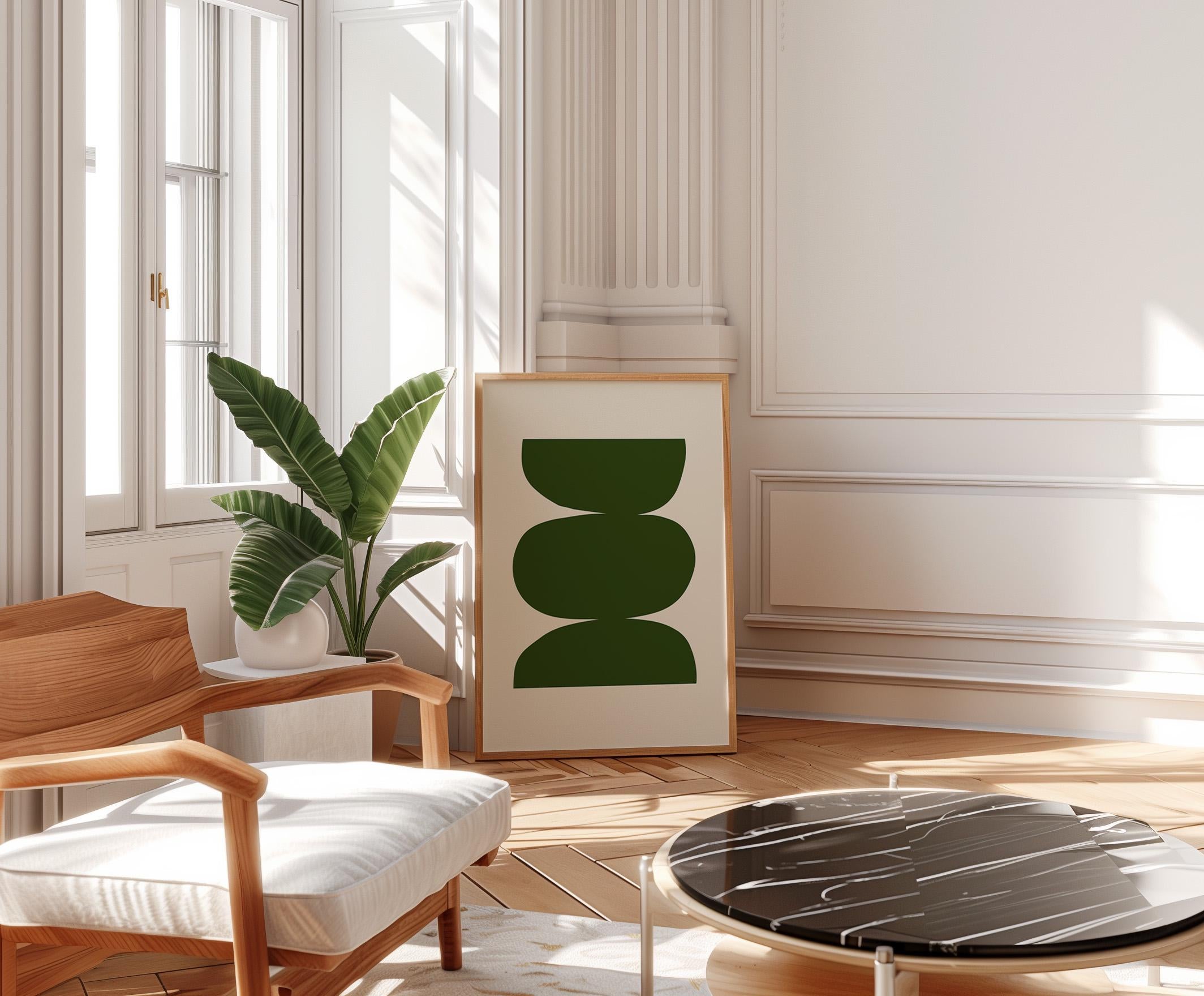 Olive Green Abstract Wall Art Print – Minimalist Organic Shapes Modern Decor