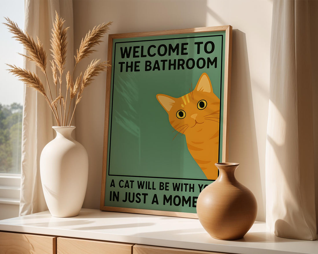 Orange Cat Bathroom Poster – Funny Vintage Style Wall Art Print