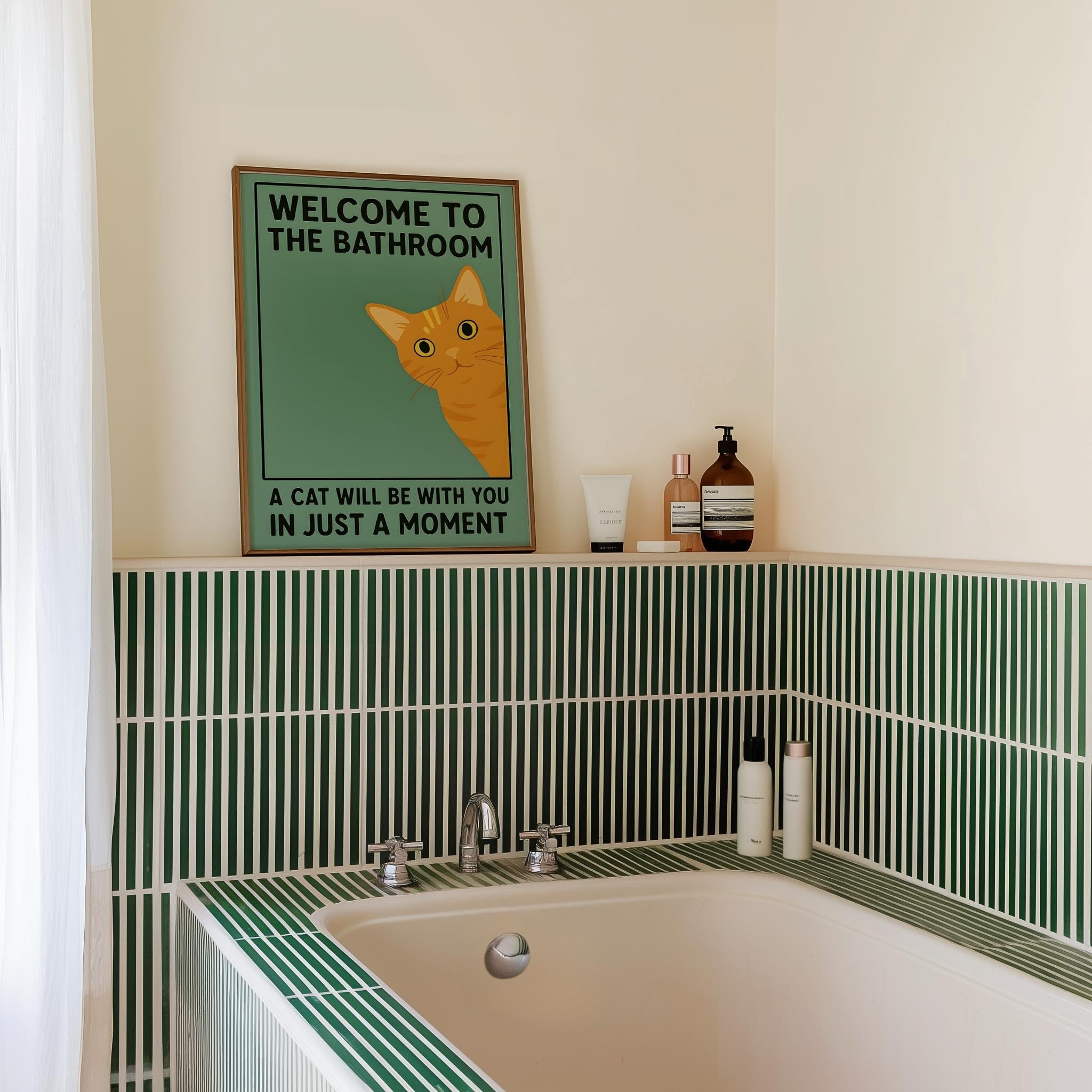 Orange Cat Bathroom Poster – Funny Vintage Style Wall Art Print