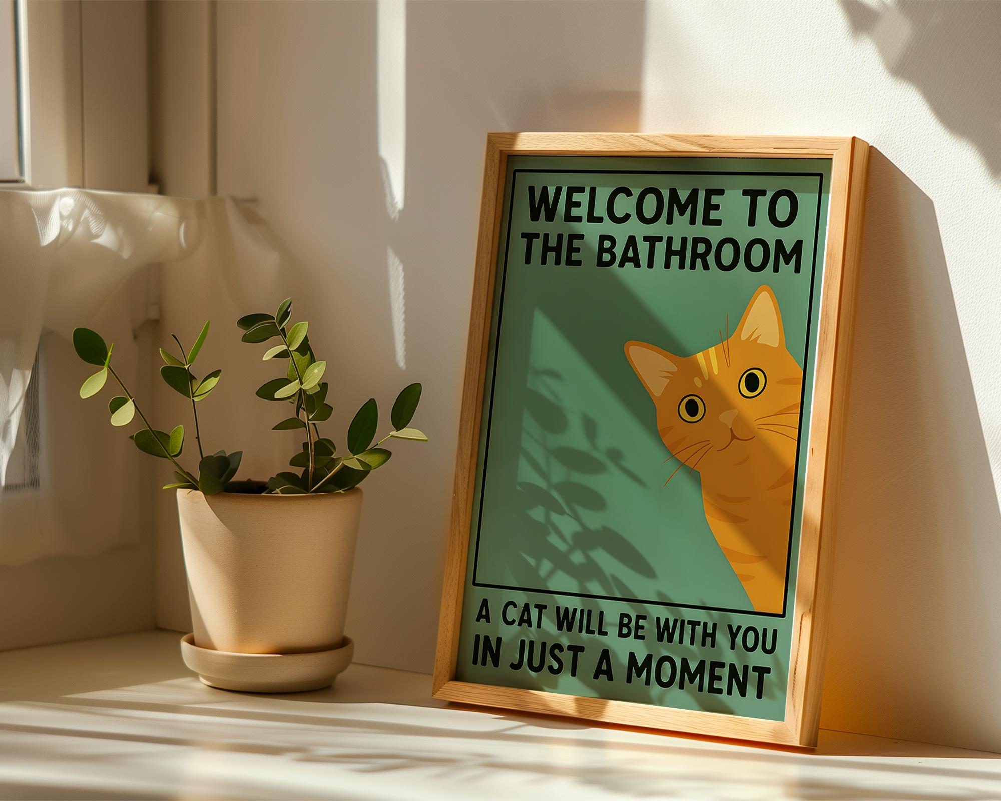 Orange Cat Bathroom Poster – Funny Vintage Style Wall Art Print