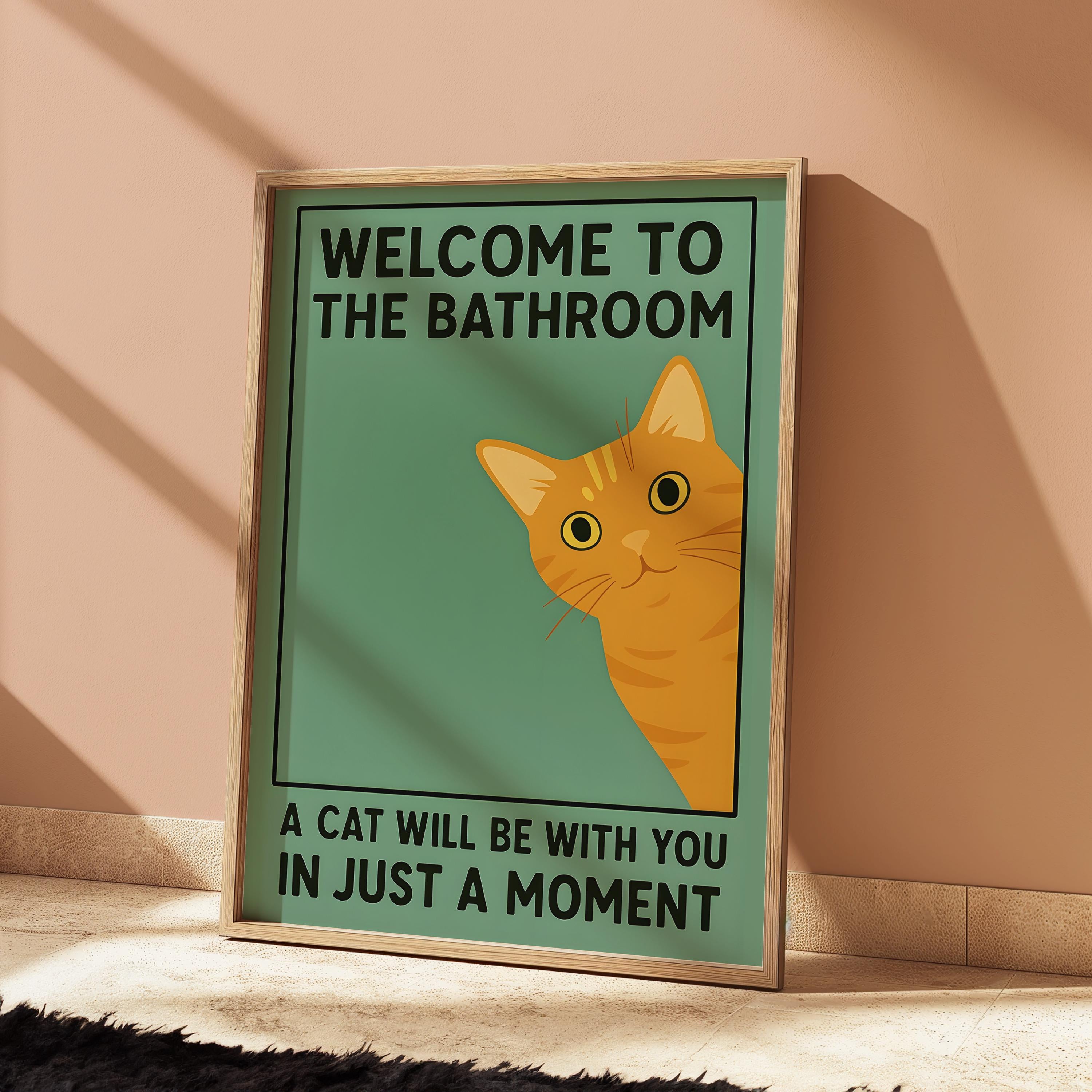 Orange Cat Bathroom Poster – Funny Vintage Style Wall Art Print