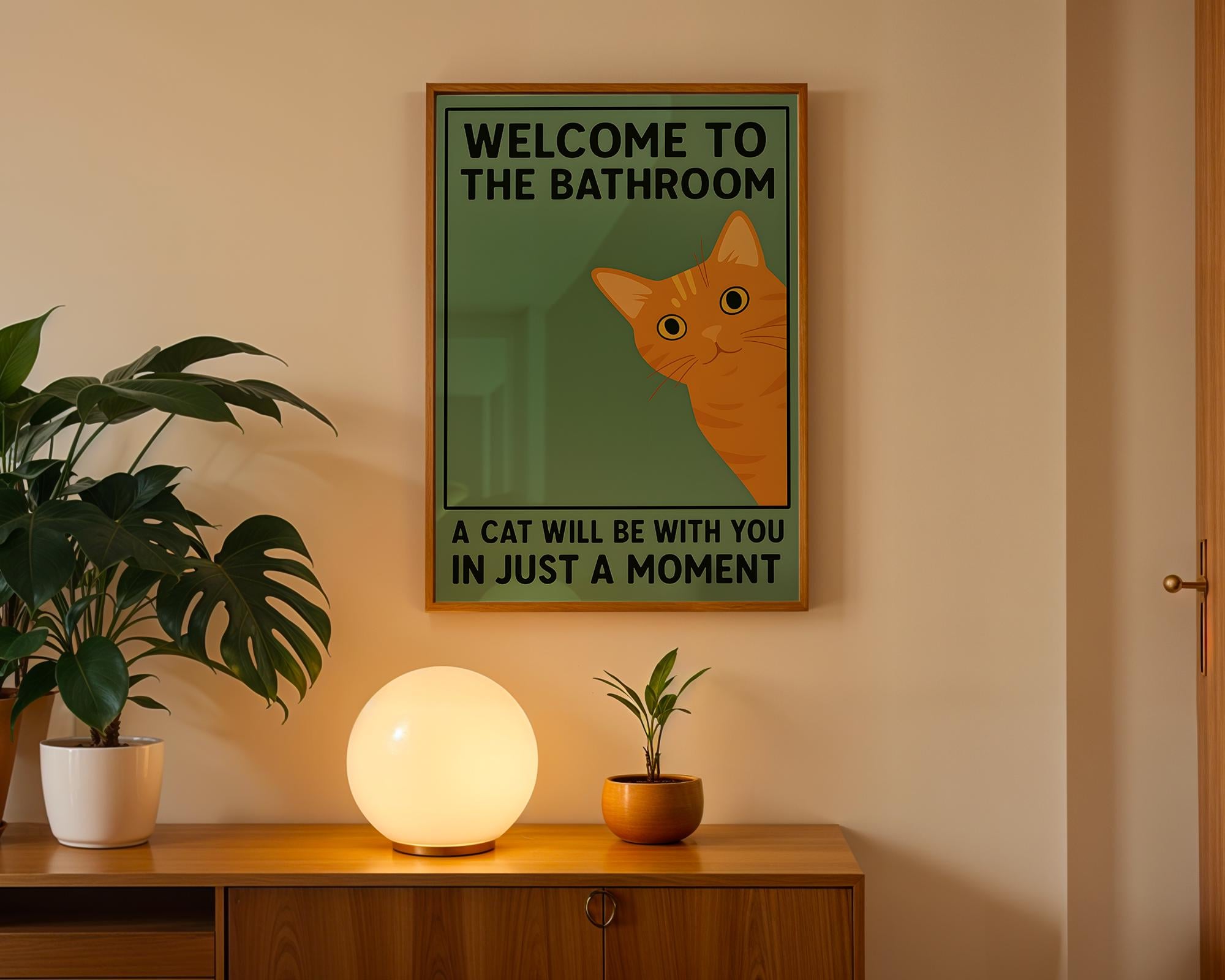 Orange Cat Bathroom Poster – Funny Vintage Style Wall Art Print