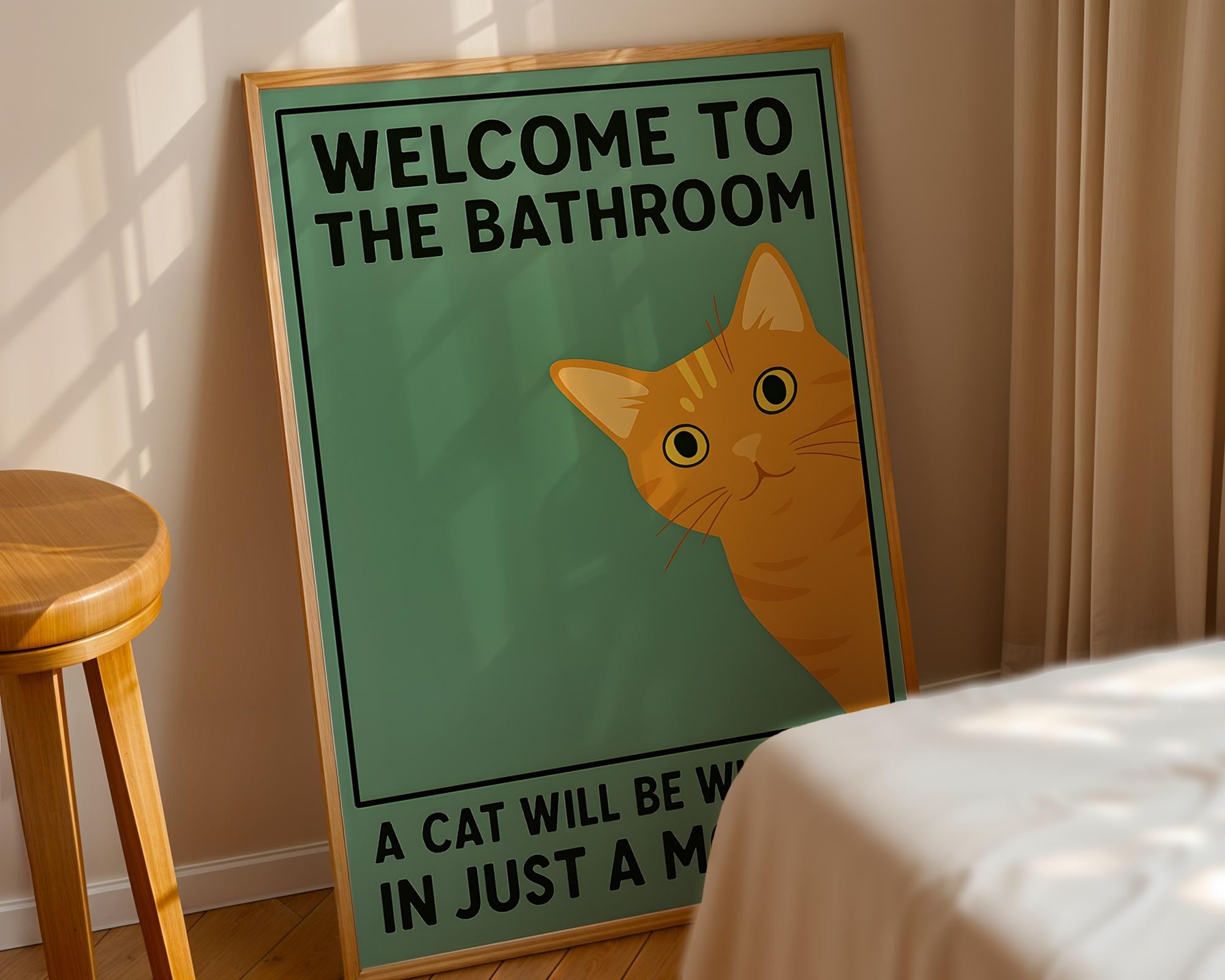 Orange Cat Bathroom Poster – Funny Vintage Style Wall Art Print