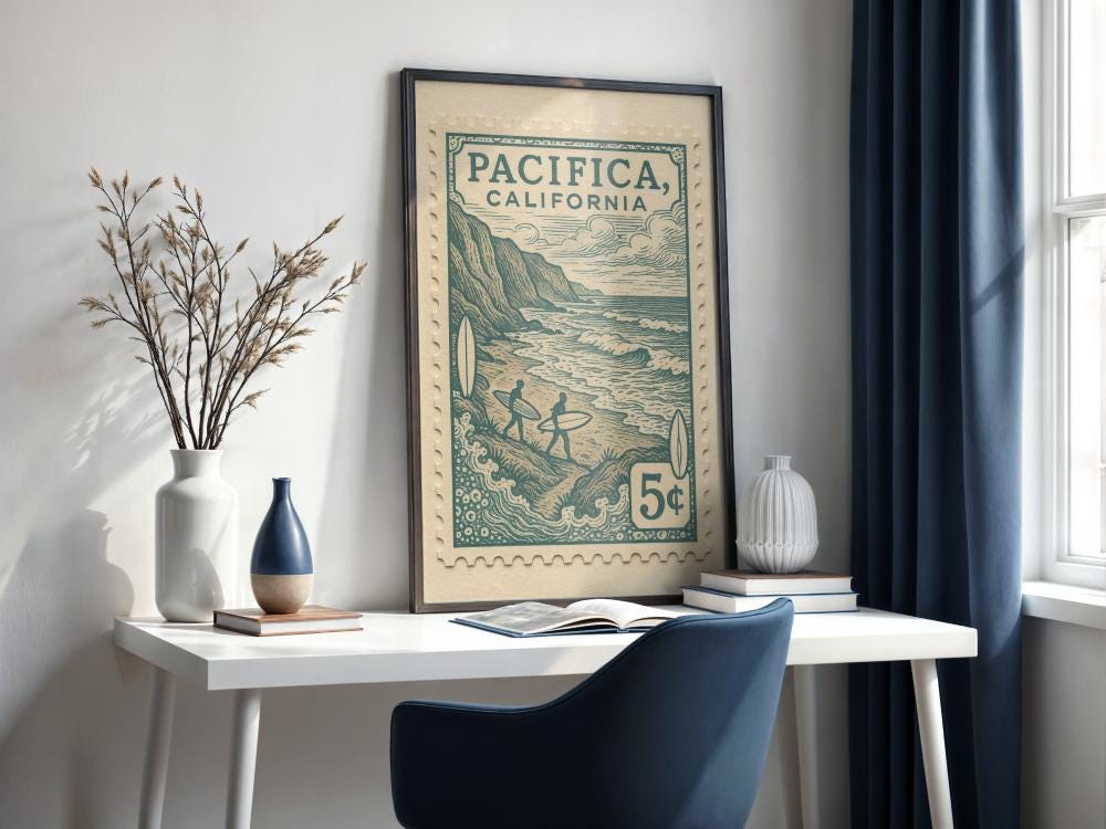 Pacifica California Surf Wall Art Print – Vintage Coastal Beach Decor