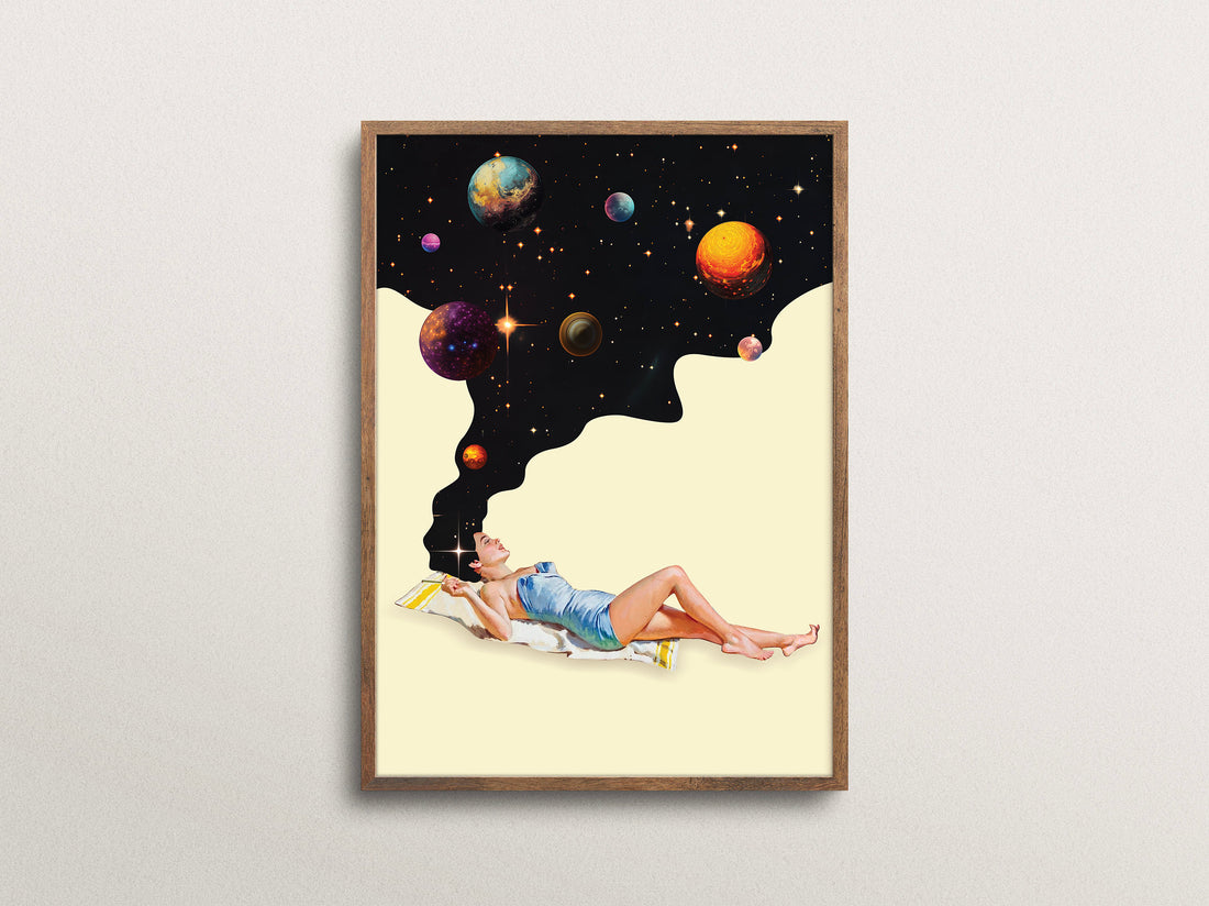 Retro Space Wall Art Print – Surreal Galaxy Beige Black Poster Decor