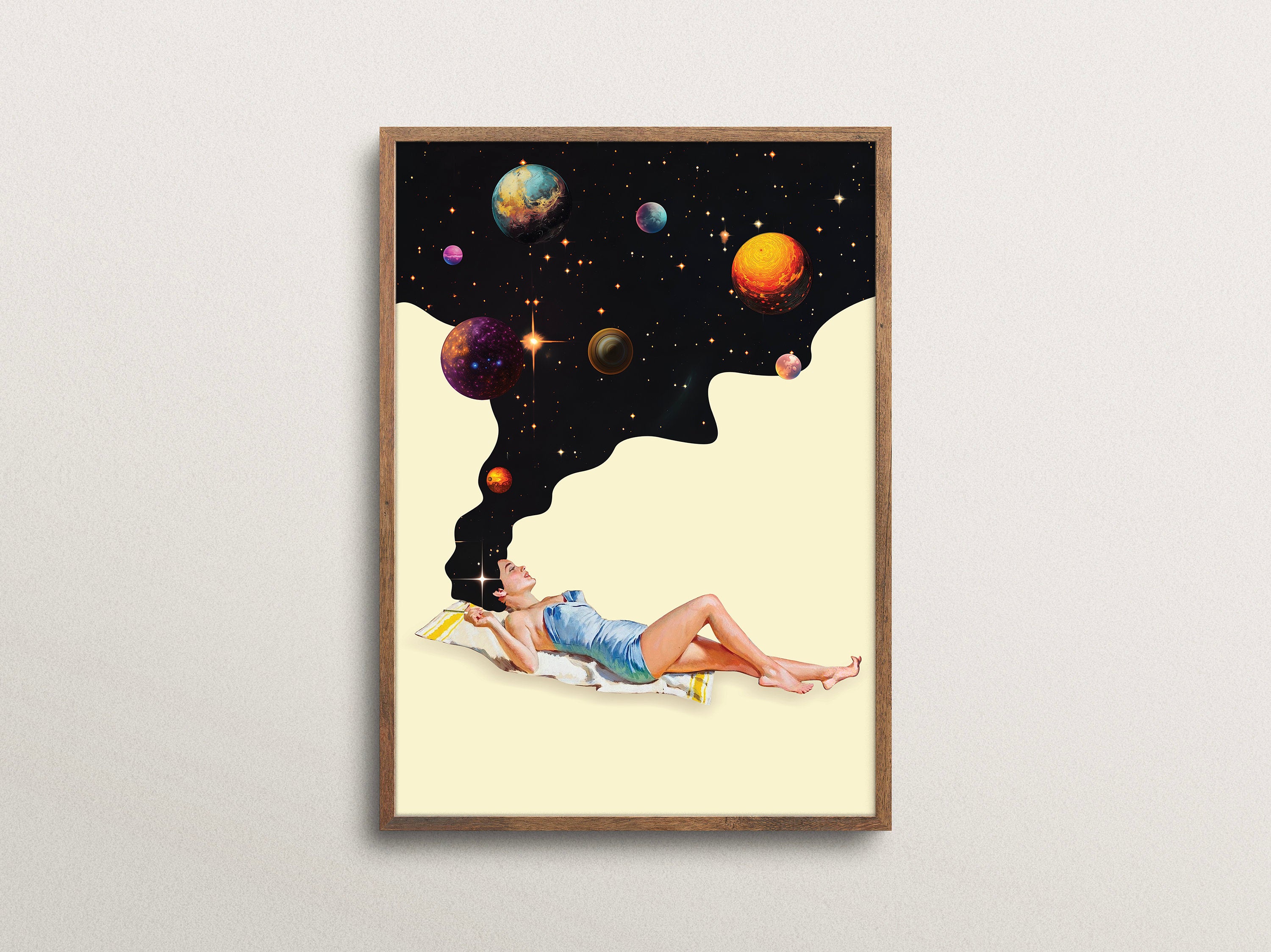 Retro Space Wall Art Print – Surreal Galaxy Beige Black Poster Decor