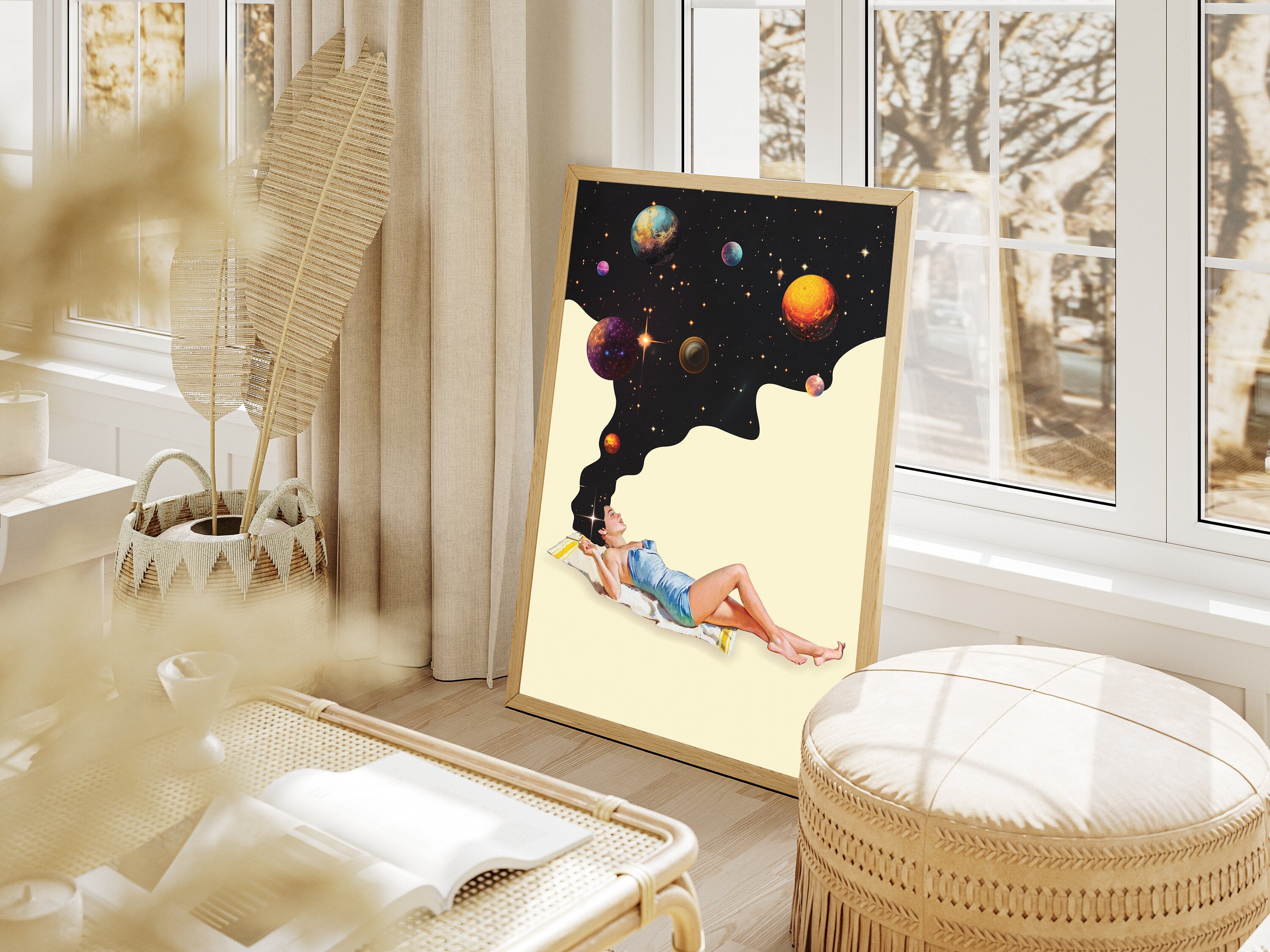 Retro Space Wall Art Print – Surreal Galaxy Beige Black Poster Decor