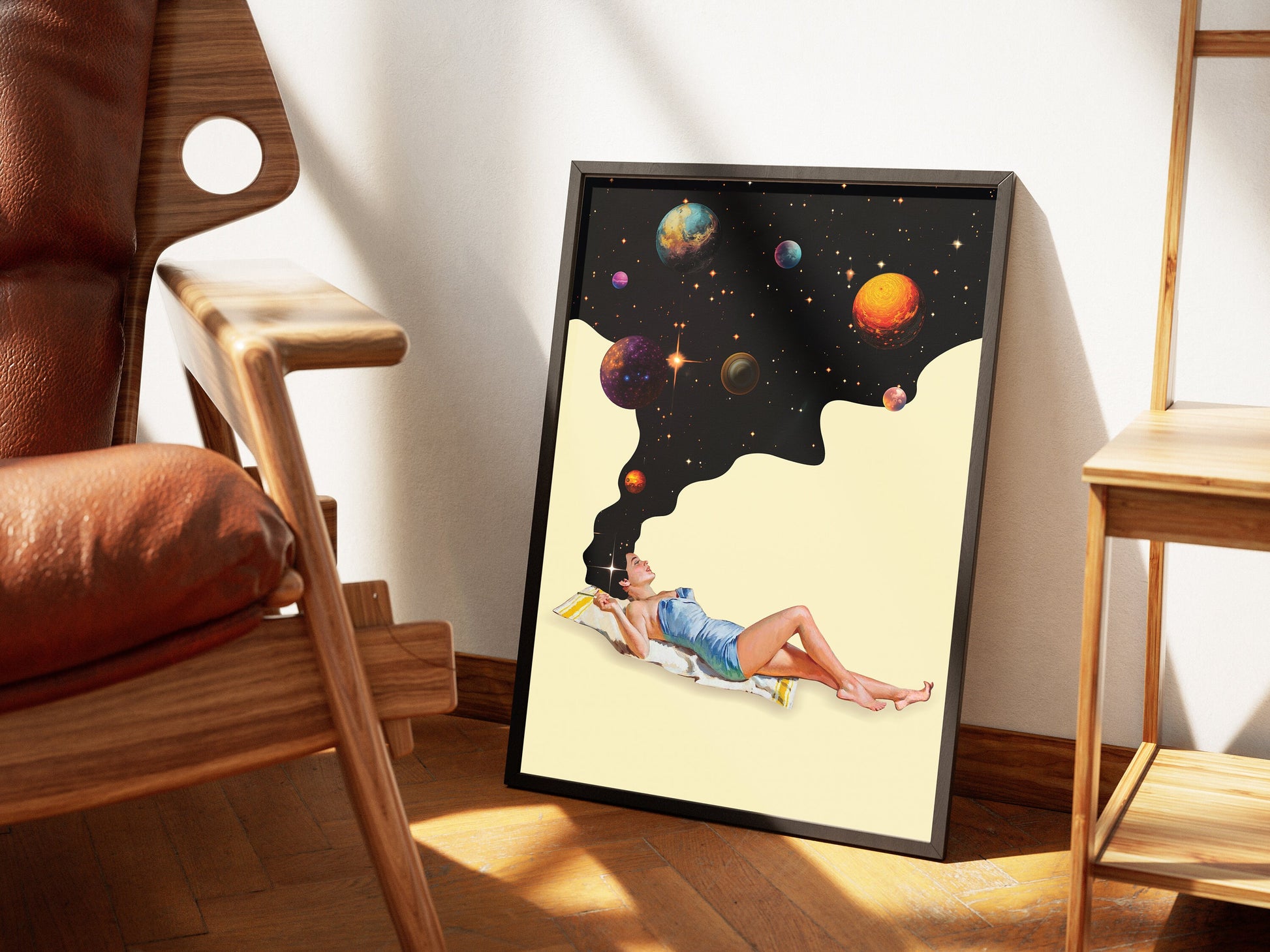 Retro Space Wall Art Print – Surreal Galaxy Beige Black Poster Decor
