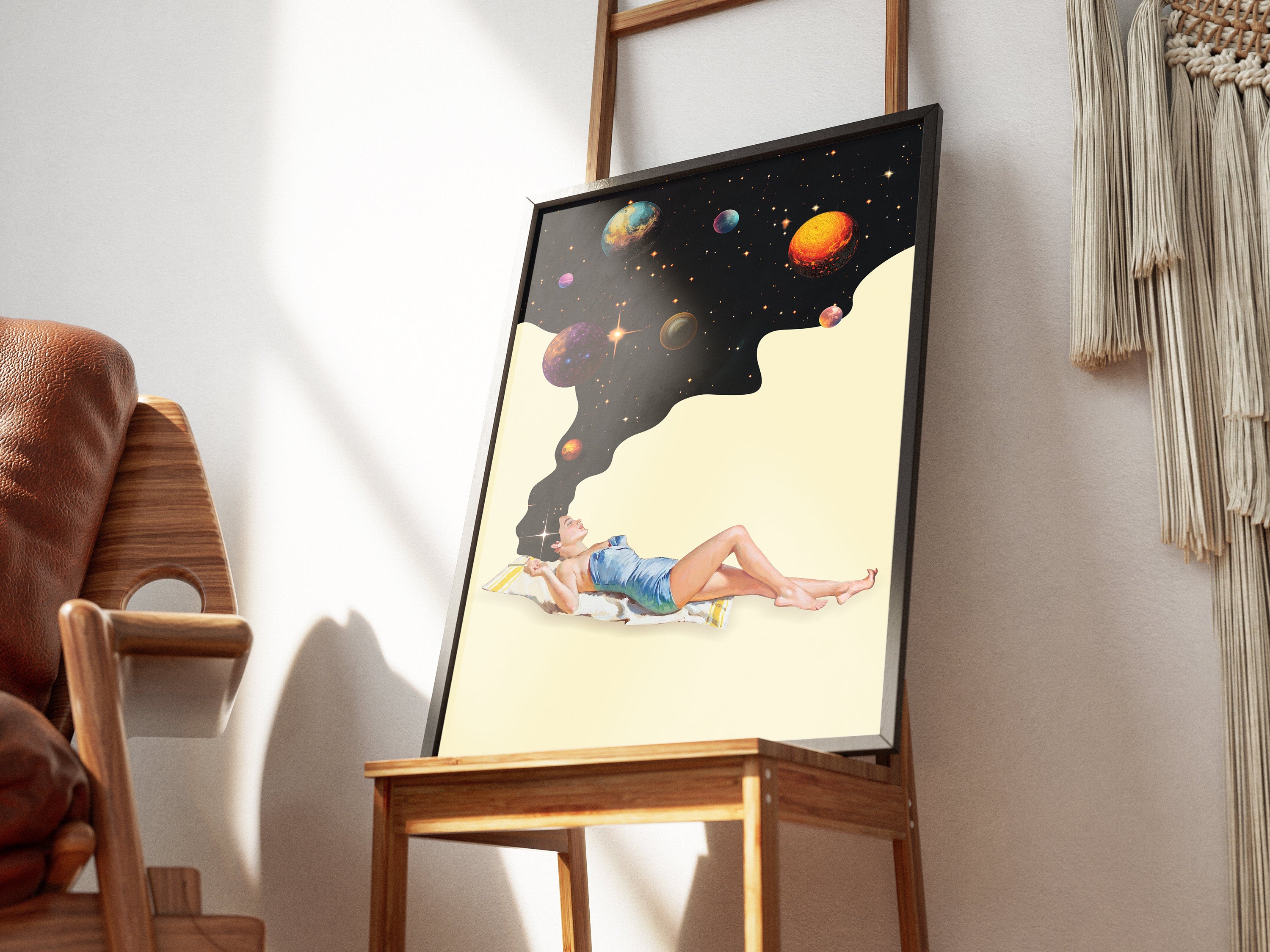 Retro Space Wall Art Print – Surreal Galaxy Beige Black Poster Decor