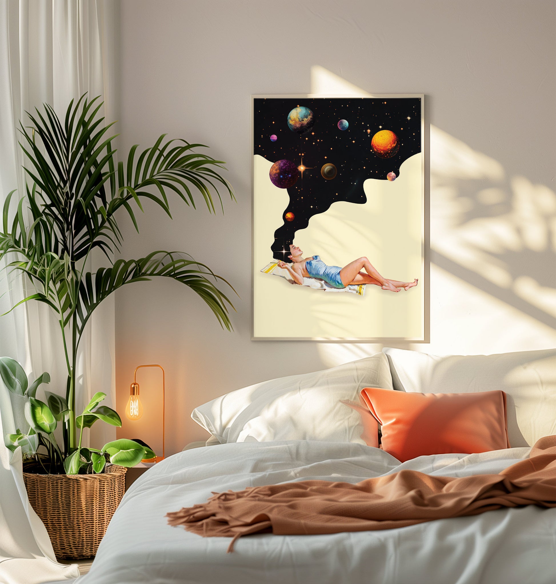 Retro Space Wall Art Print – Surreal Galaxy Beige Black Poster Decor