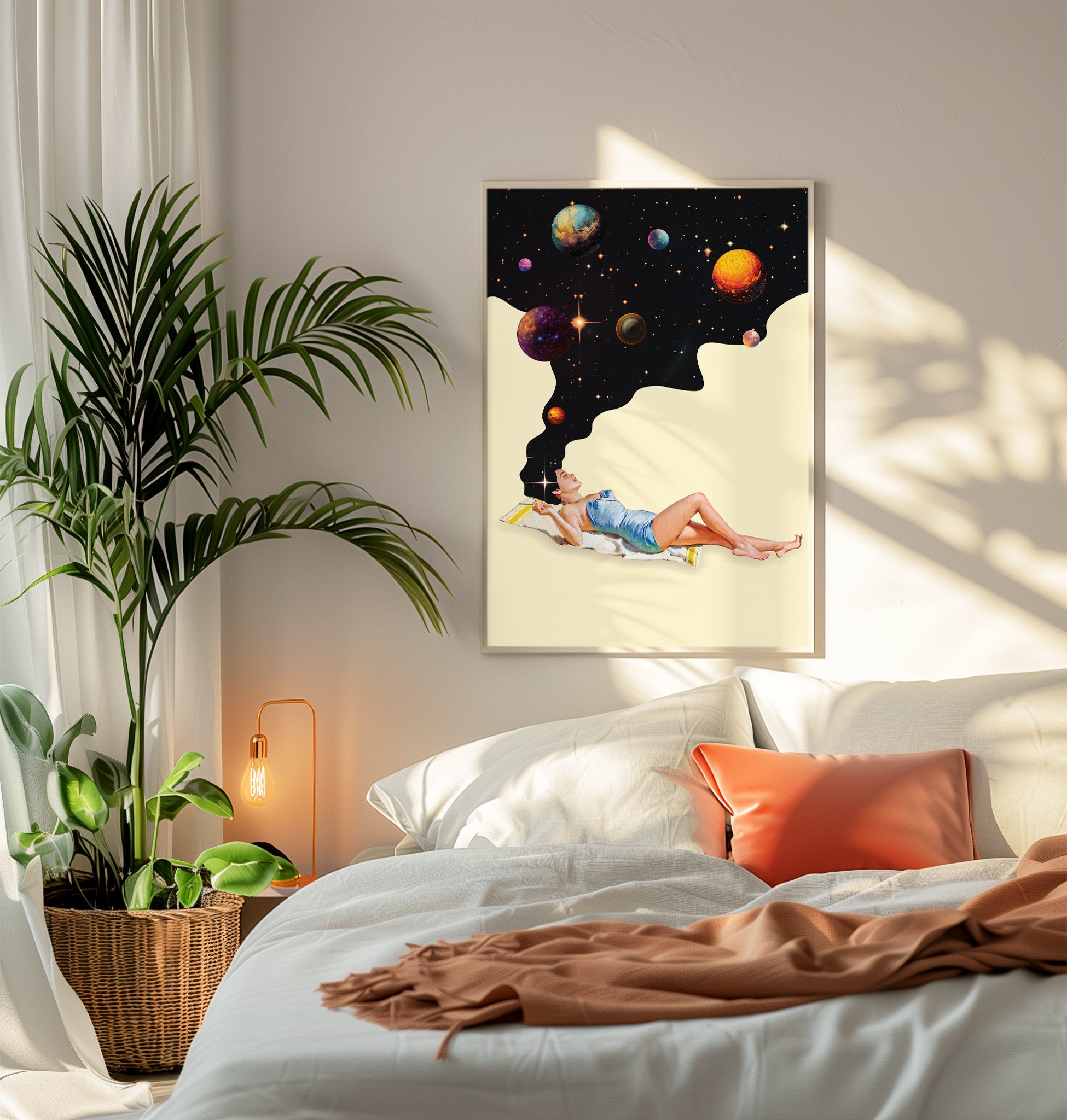 Retro Space Wall Art Print – Surreal Galaxy Beige Black Poster Decor